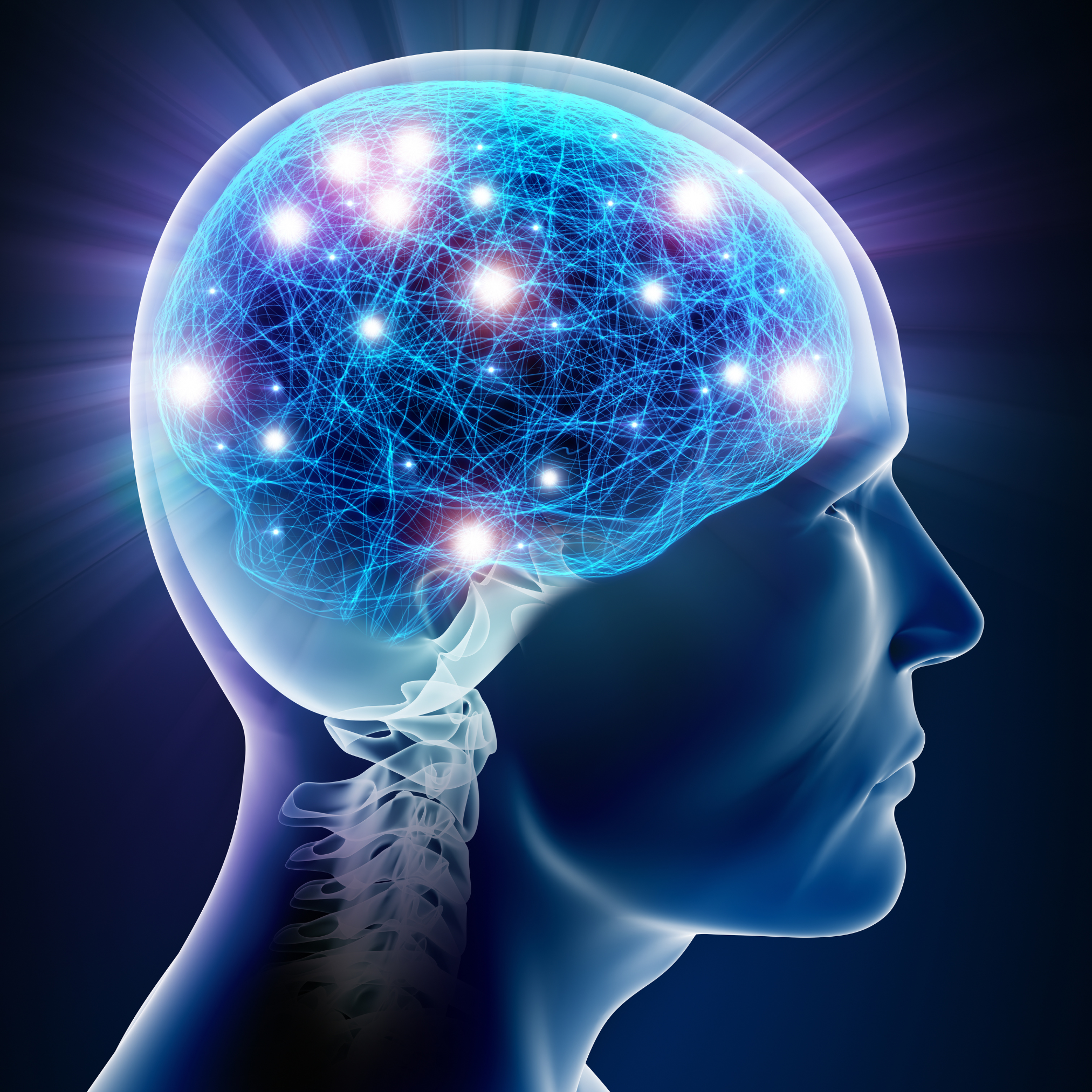 Digital illustration of a human head in profile with a glowing brain, featuring interconnected neural networks and bright points of light representing neural activity.
