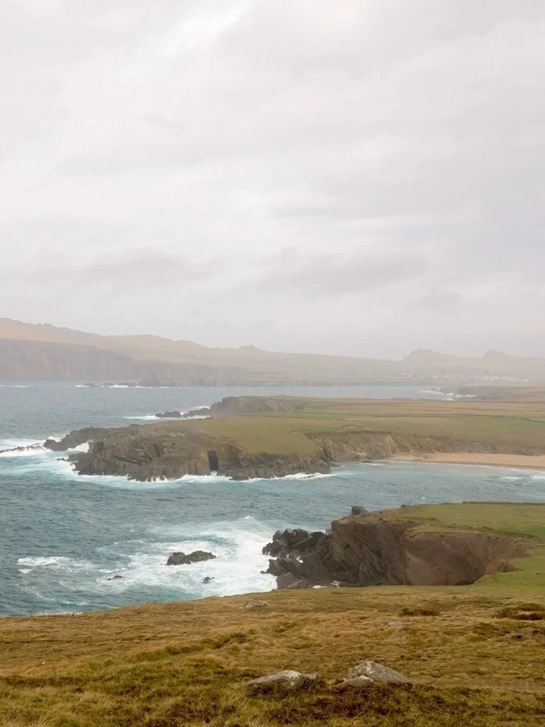 Coastal landscape with grassy foreground, rocky cliffs, green hills, and ocean under overcast sky.