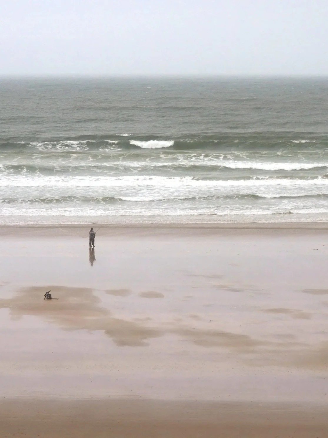 A person and a dog on a beach, with the person standing near the shoreline and the dog lying on the wet sand, while gentle waves roll onto the shore under a cloudy sky.