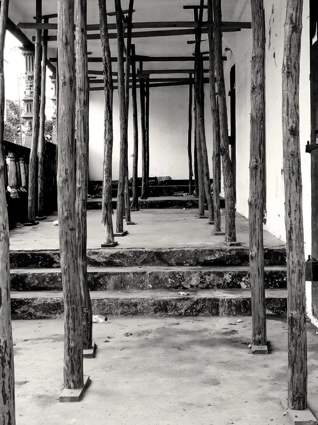 Construction scaffolding and wooden support beams on a building exterior, with steps leading up to a doorway, black and white photo.