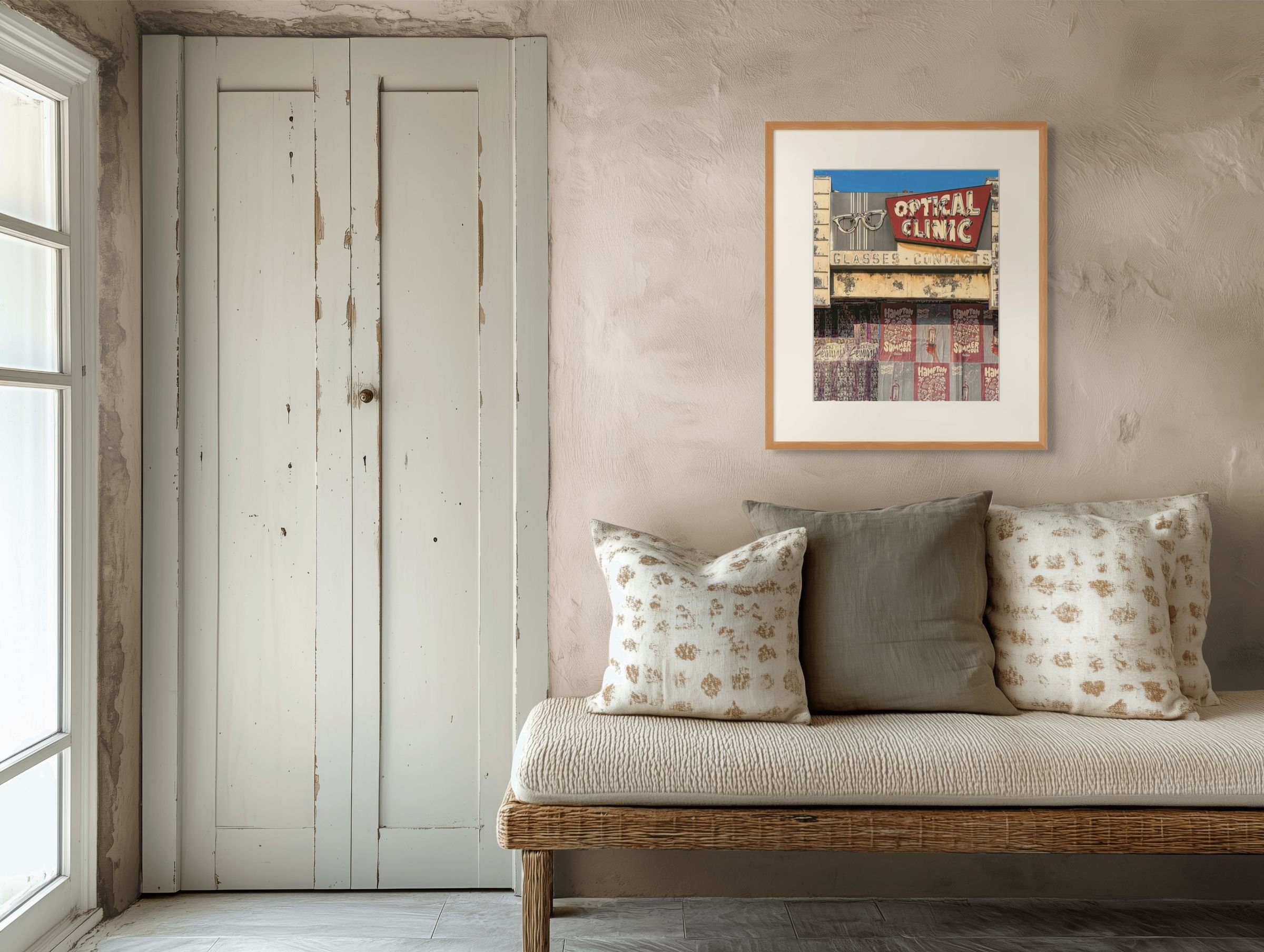 A corner of a room with a white wooden door and a framed picture on a beige textured wall. There is a wicker bench with cushioned pillows in front of the wall, next to a window.