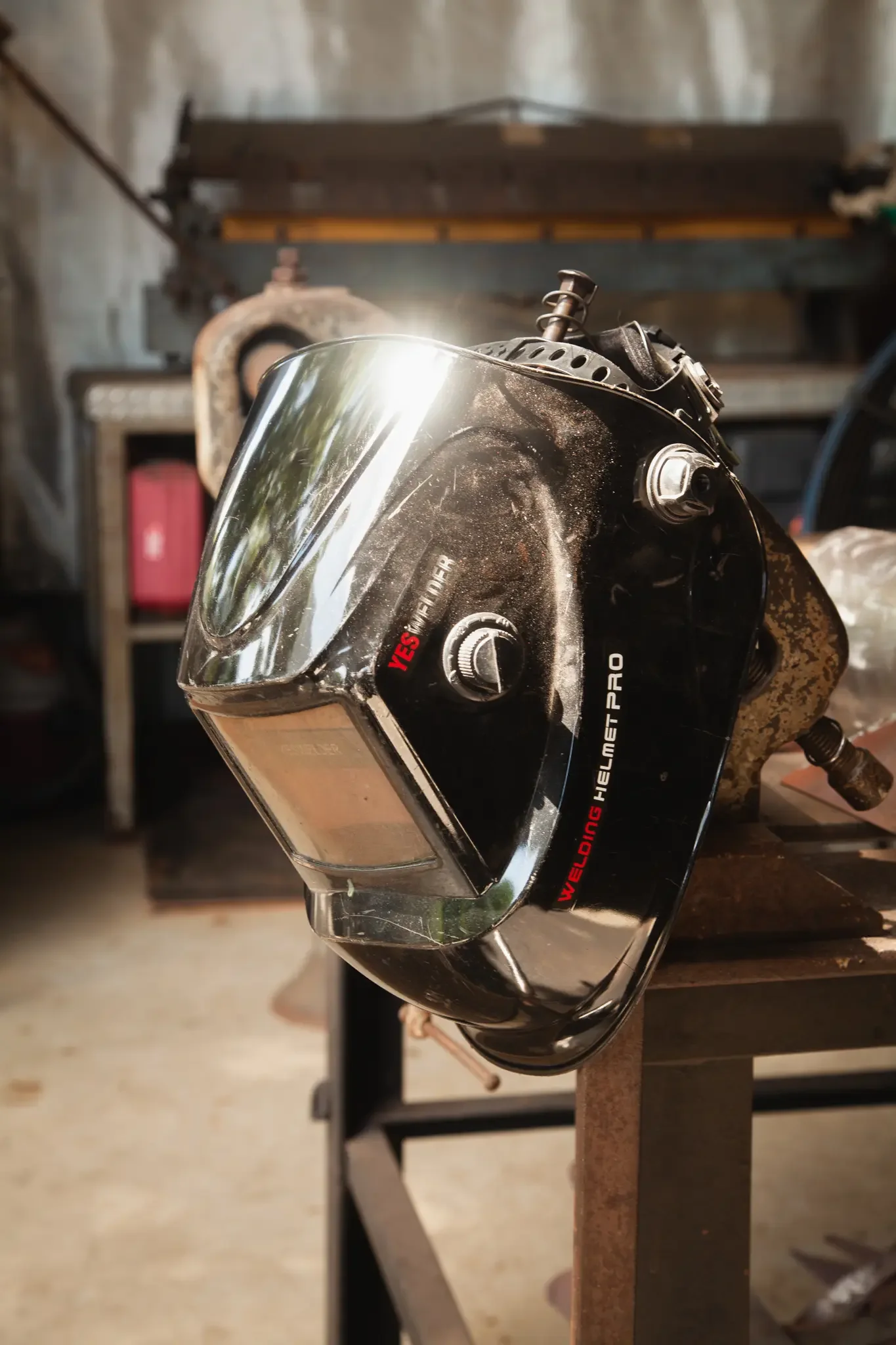 Dominice’s welding helmet in her studio