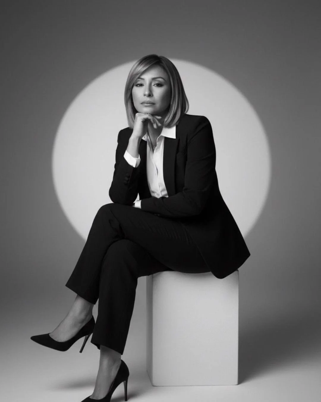 Mujer sentada en una caja, vestida con traje negro y blusa blanca, en un fondo gris con luz en forma de círculo, en una fotografía en blanco y negro.