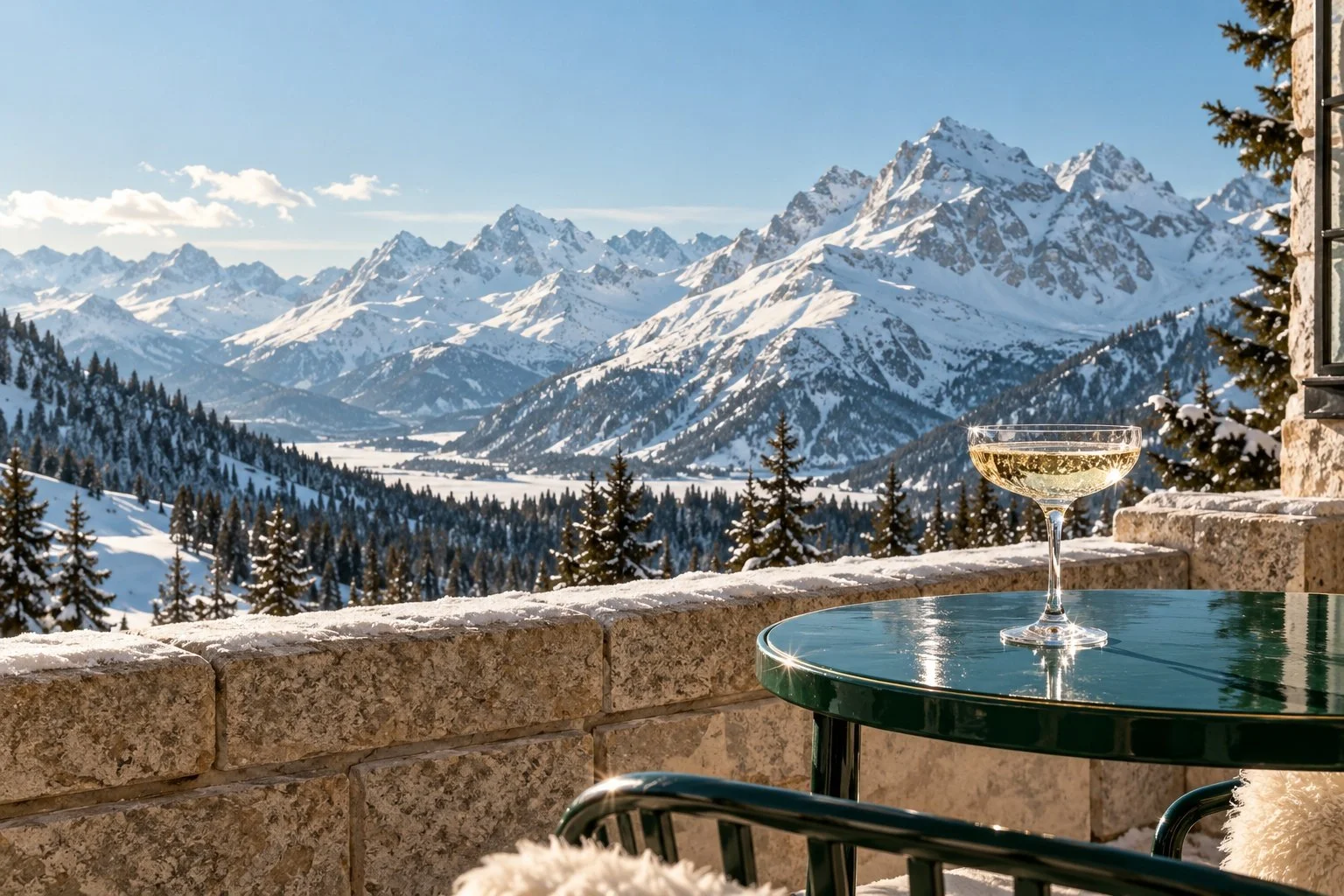 Snowy Mountain with a beautiful pine tree overlook and luxury ski feel with champagne
