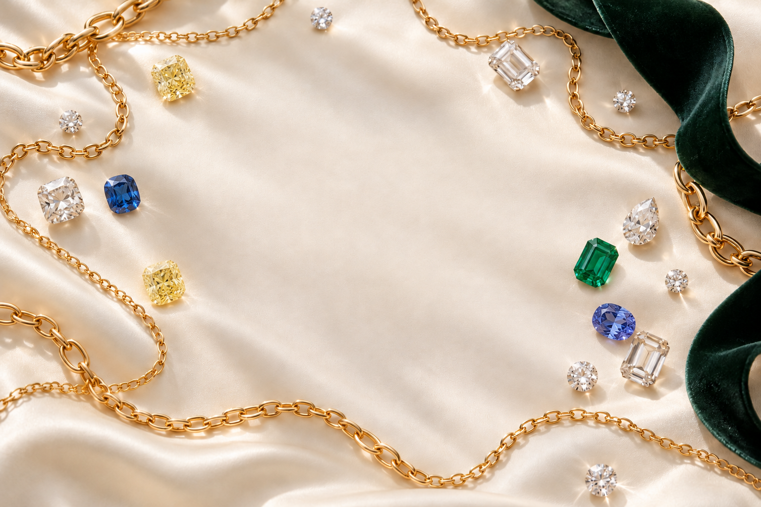 Gold chains with colorful gems and diamonds on a green velvet and ivory cloth with custom fine jewelry