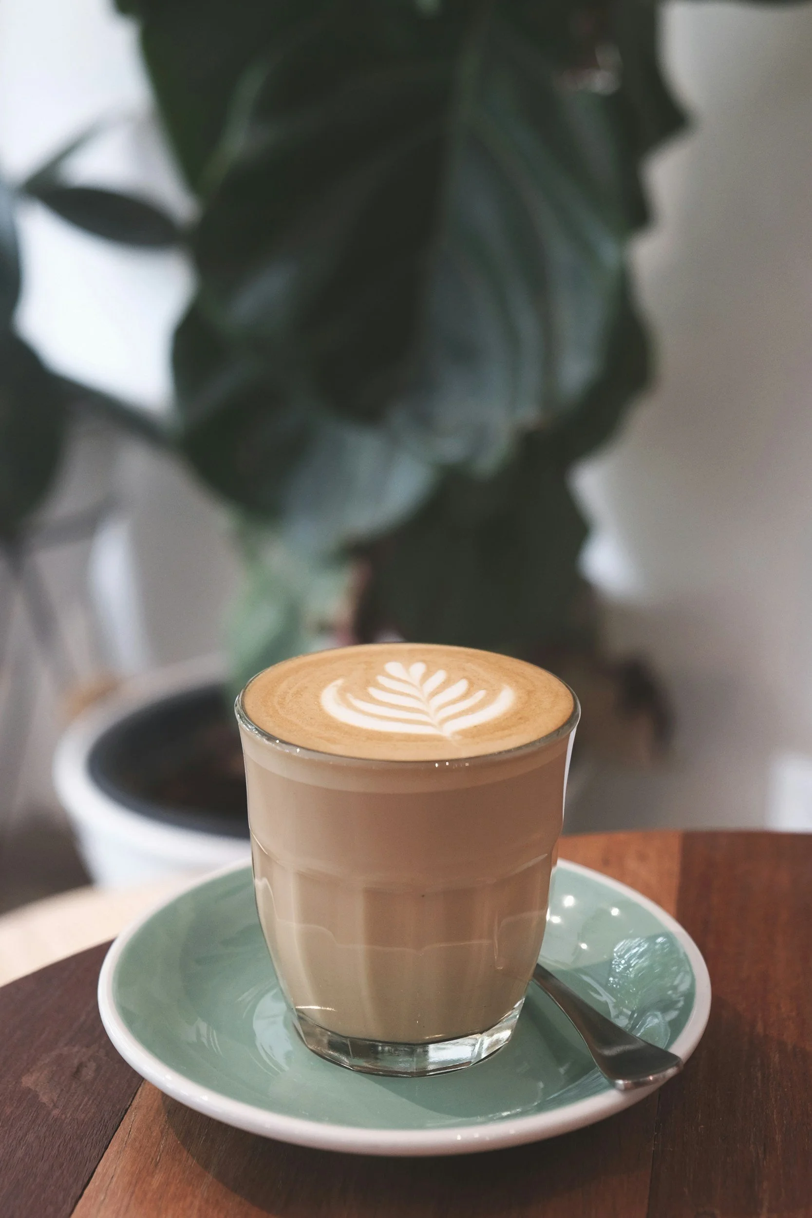A latte with latte art in a clear glass cup on a saucer with a small spoon, placed on a wooden table, with green houseplants in the background.