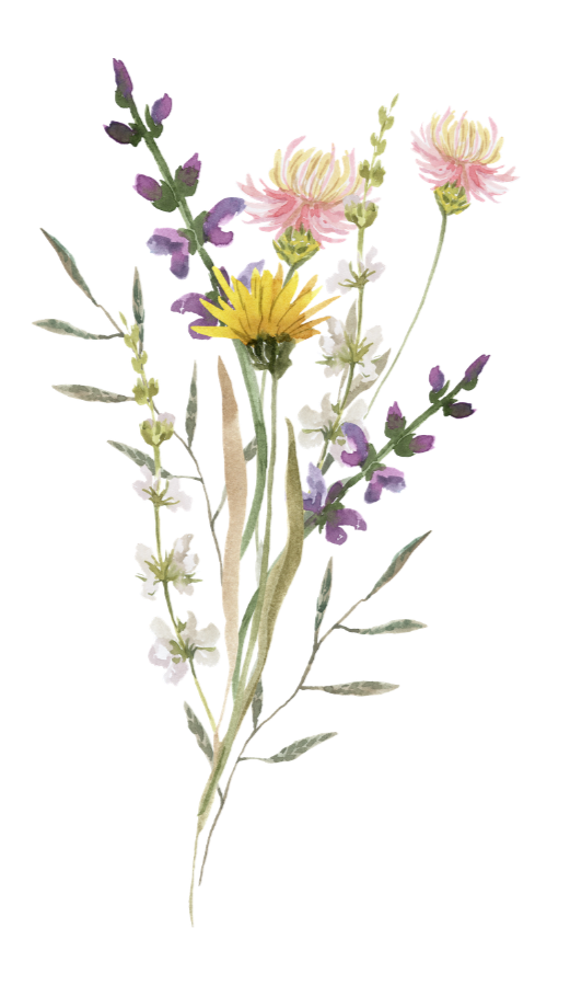 A watercolor illustration of a mixed bouquet of flowers including pink, yellow, white, and purple blooms with green stems and leaves.