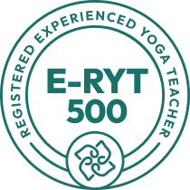 Circular badge with the text 'Registered Experienced Yogiteacher' around the top and 'E-RYT 500' in the center, featuring a small lotus flower at the bottom.