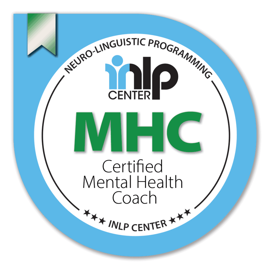 Circular badge featuring the logo of the INLP Center with radiating black stars, a blue outer ring, and text indicating certification as a mental health coach from the INLP Center, with the acronym MHC in large green letters and the phrase "Certified Mental Health Coach" below.