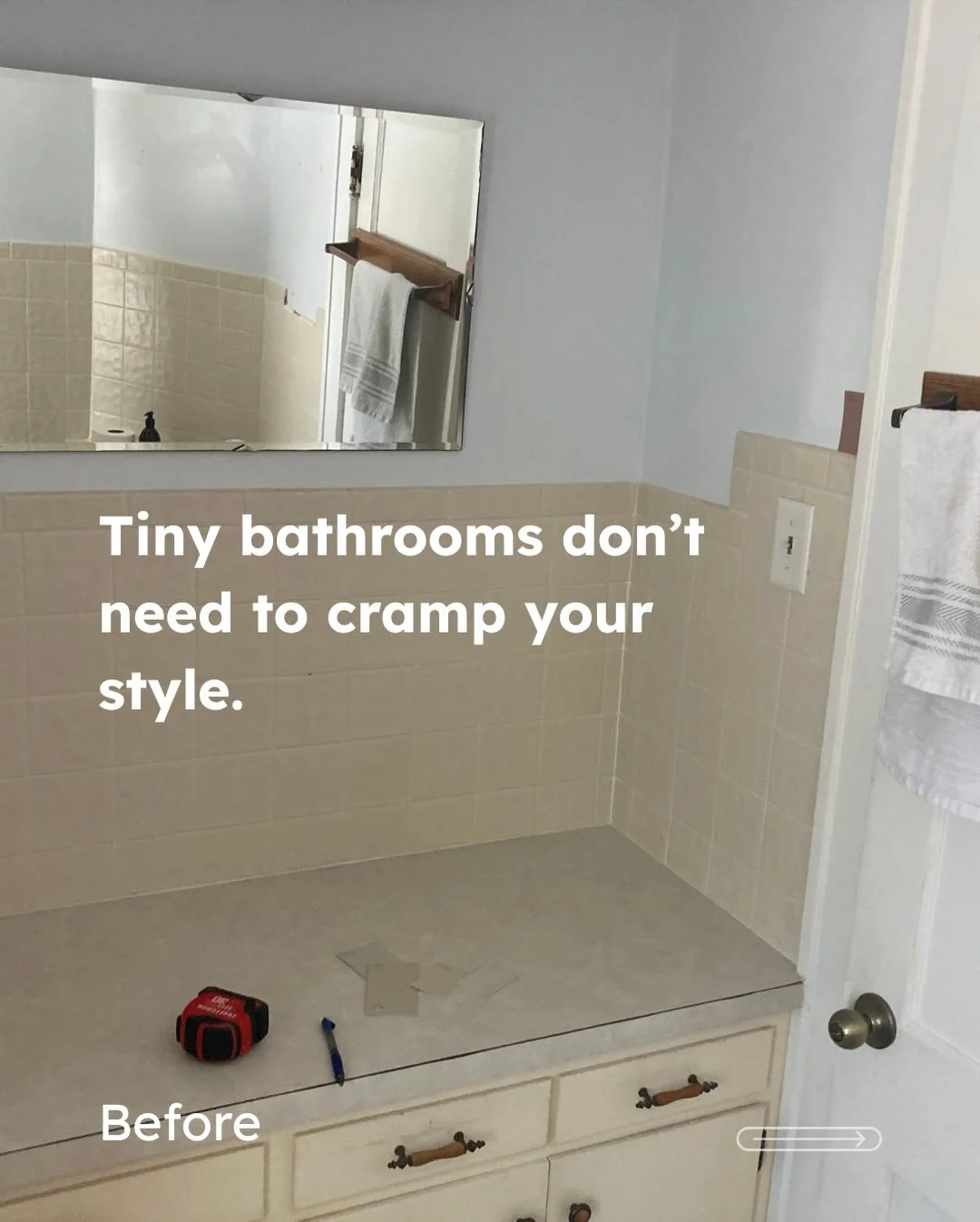 Tiny bathrooms don&rsquo;t need to cramp your style. We recently finished a cozy bathroom renovation in Minneapolis featuring a warm, mid-century modern walnut vanity paired with unpolished brass faucets. #bathroomremodel #minneapolis #midcenturymode