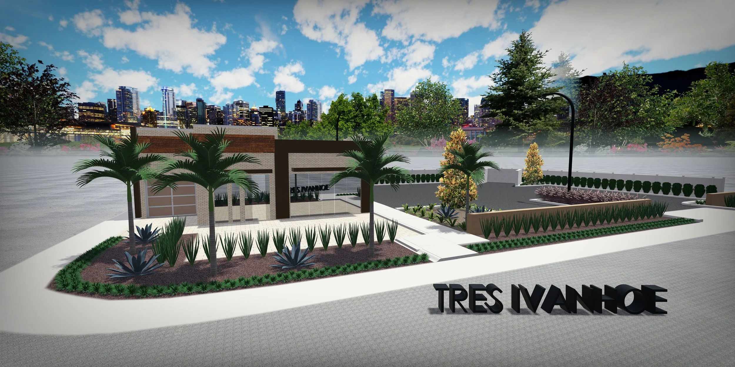 A landscaped urban park with palm trees, bushes, and garden beds, featuring modern buildings in the background and the sign 'TRES IVANHOE' in the foreground.