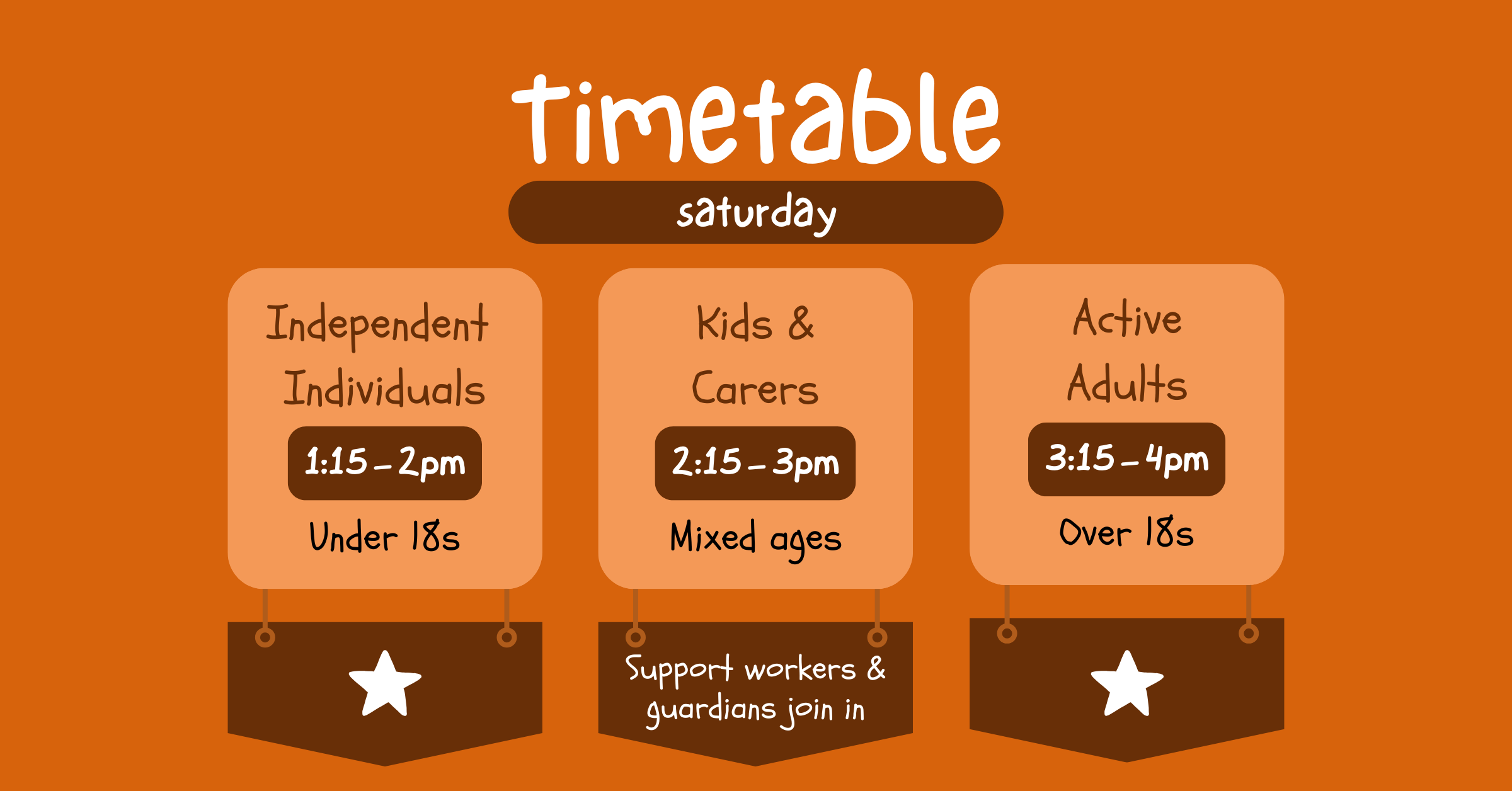 Timetable graphic for Saturday with three activity slots: Independent Individuals from 1:15 to 2 p.m. for under 18s, Kids & Carers from 2:15 to 3 p.m. for mixed ages with support workers and guardians, and Active Adults from 3:15 to 4 p.m. for over 18s.