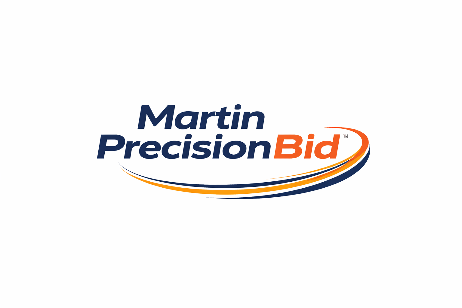 Logo for Martin Precision Bid with navy blue and orange text and swooping lines.
