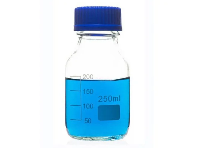 REAGENT BOTTLE - CLEAR GLASS - GRADUATED WITH BLUE SCREW CAP - 250ML
