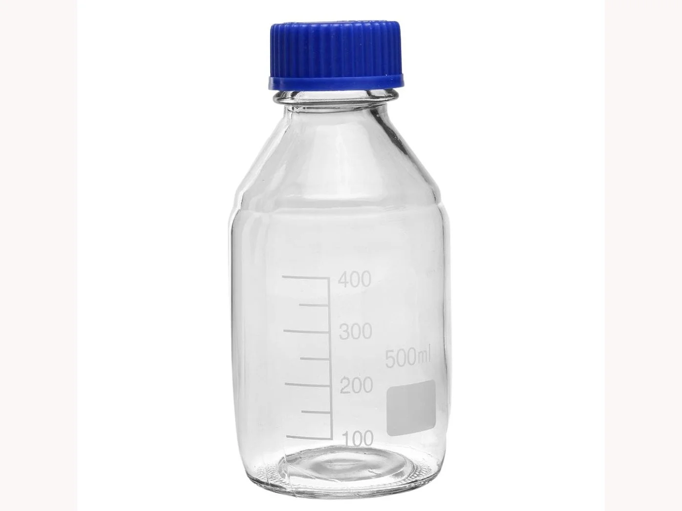 REAGENT BOTTLE - CLEAR GLASS - GRADUATED WITH BLUE SCREW CAP - 500ML