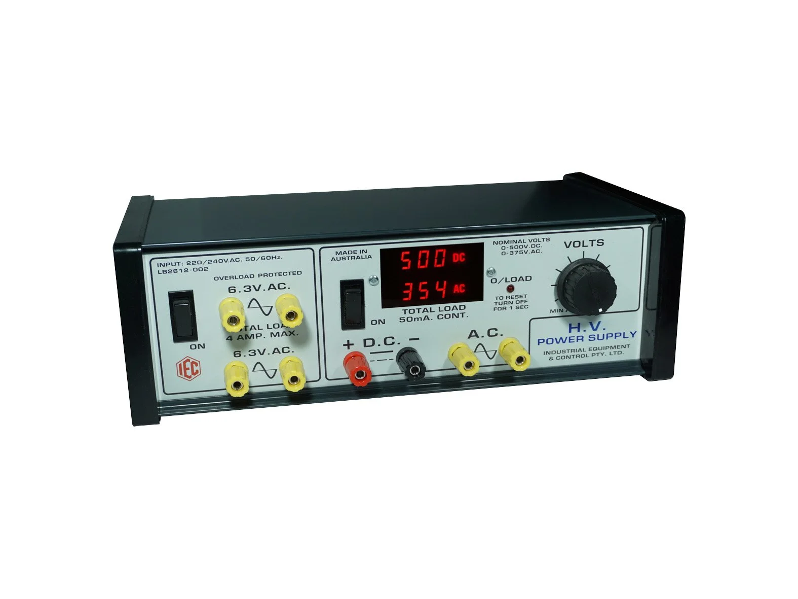 POWER SUPPLY – VARIABLE – HIGH VOLTAGE 0-500V.DC/50MA – DIGITAL METER 2 X 6.3V