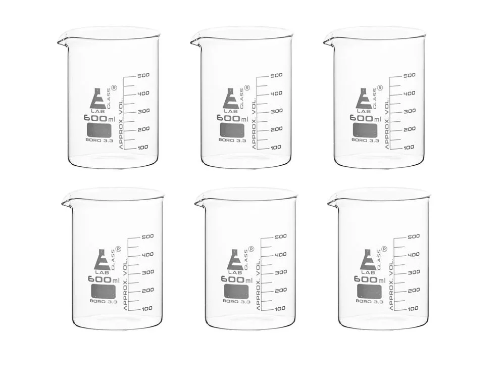 BEAKER - LOW FORM - BOROSILICATE GLASS - 600ML (PACK OF 6)