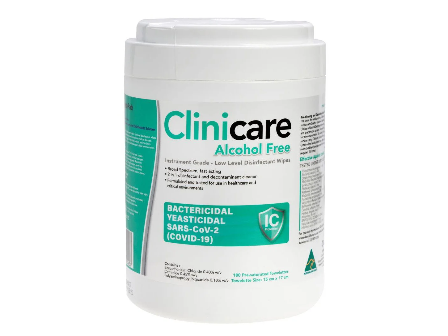 CLINICARE ALCOHOL FREE DISINFECTANT WIPES – CANISTER (180 WIPES)