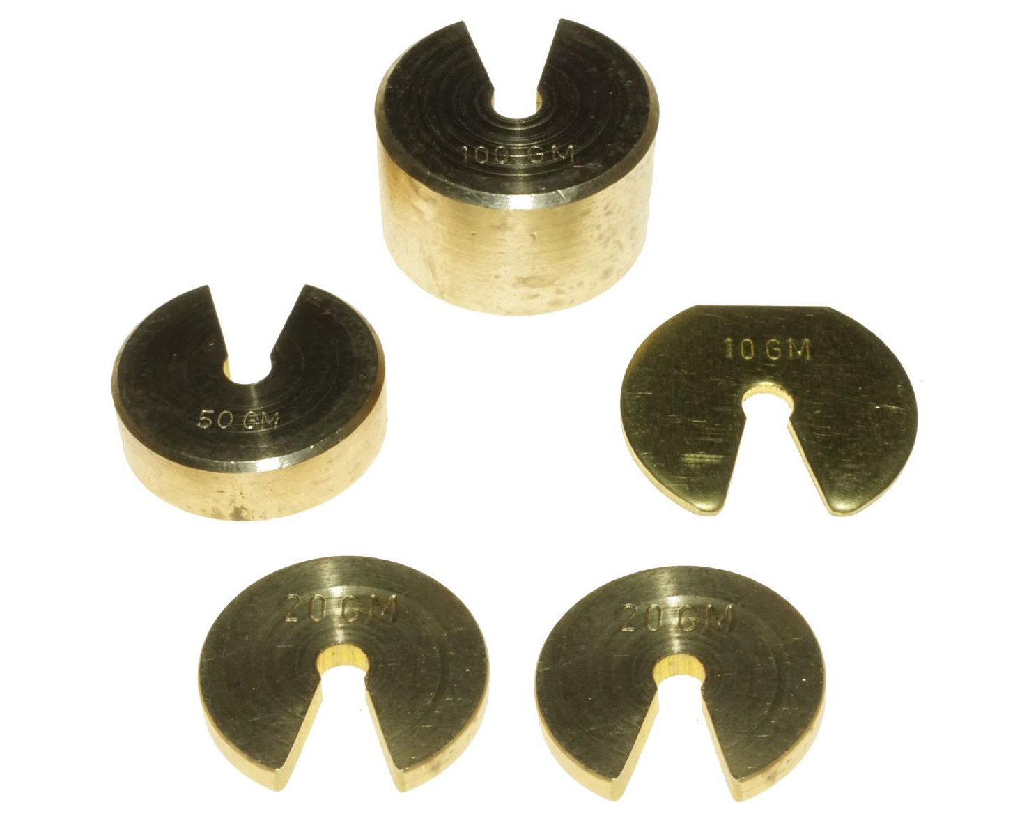 SLOTTED BRASS WEIGHTS - SET OF 5 - 10GM, 2X20GM, 50GM, 100GM