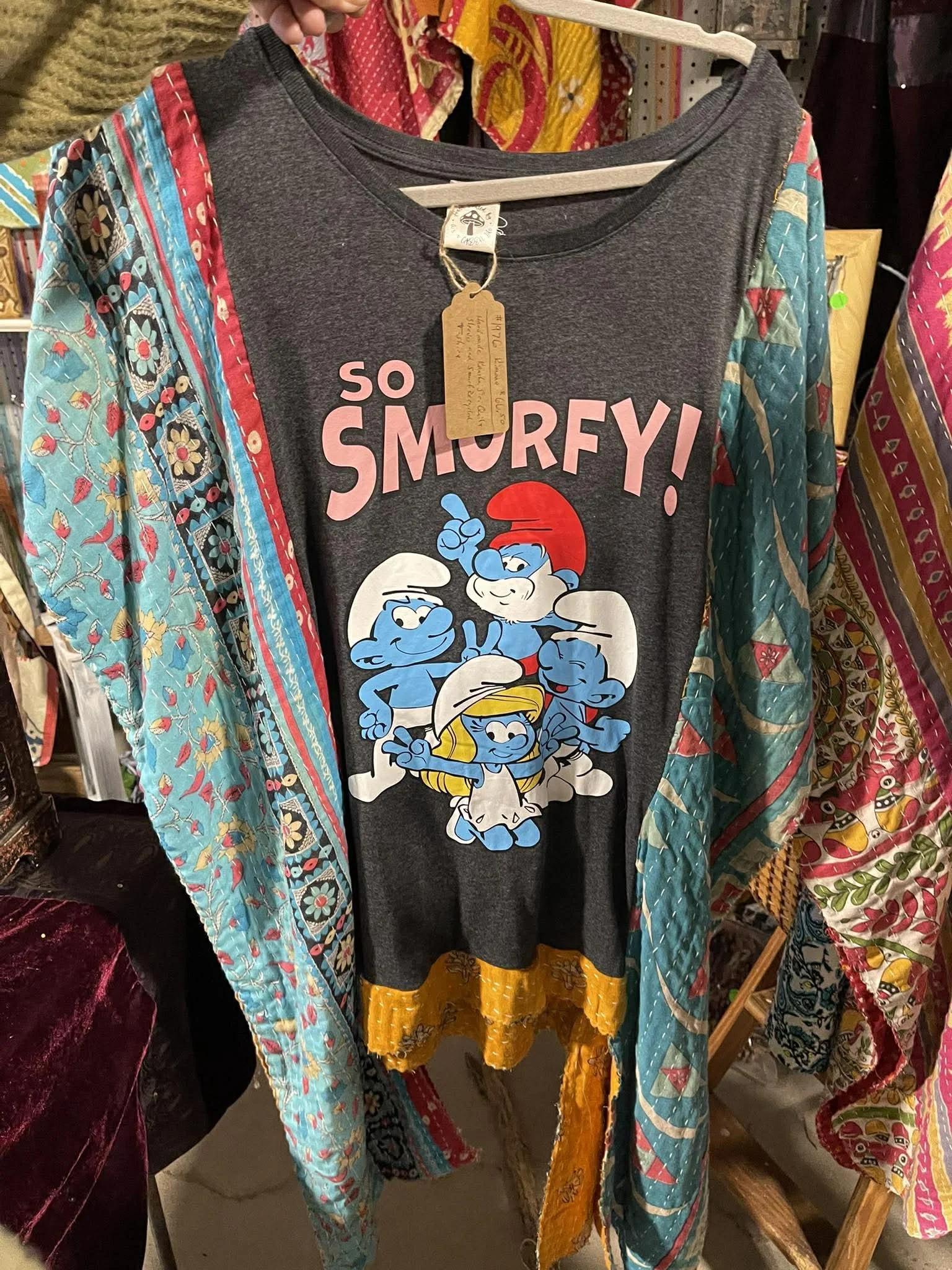 Vintage Smurf t-shirt and Kantha Siri upcycled kimono