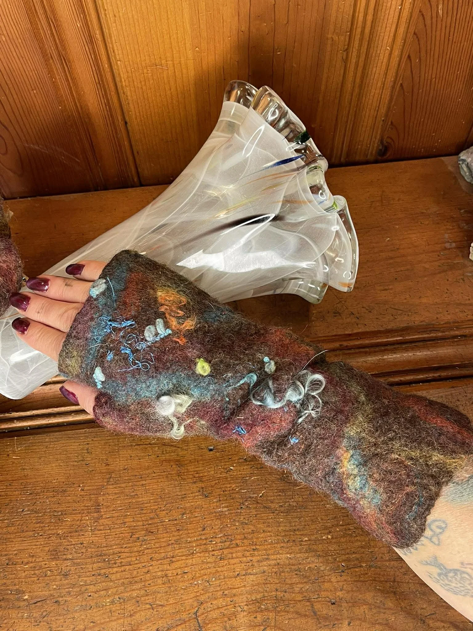 Wet felt fingerless gloves