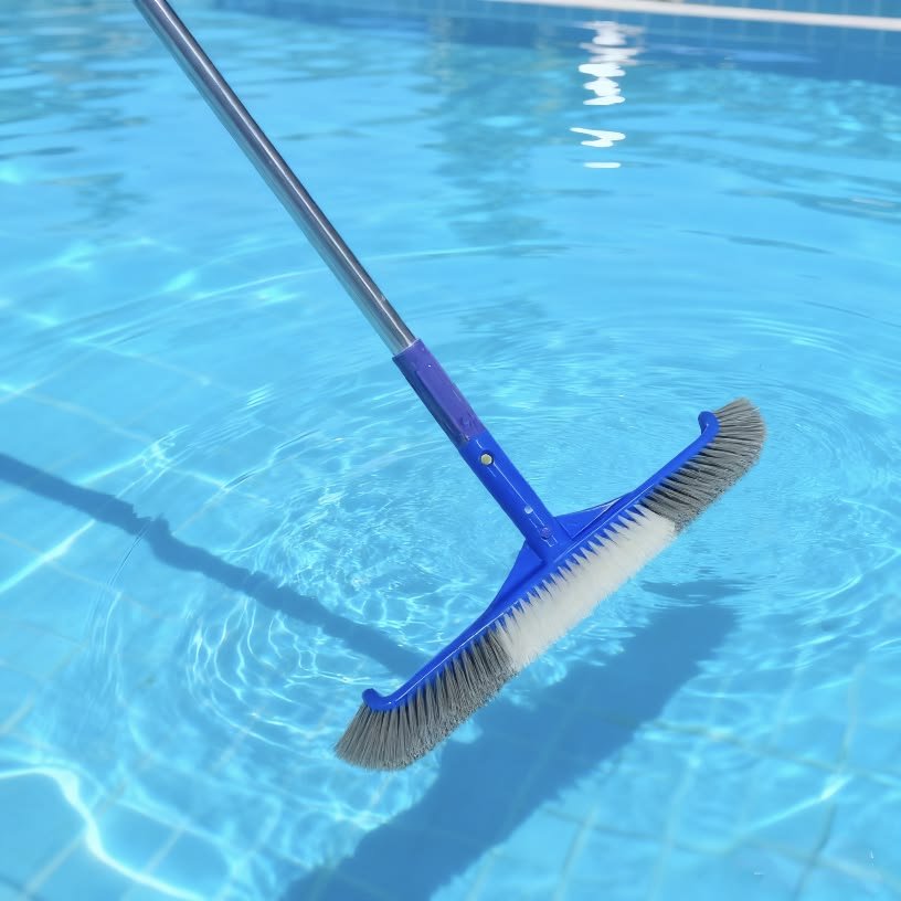 Pool cleaning brush floating in a clear blue swimming pool.