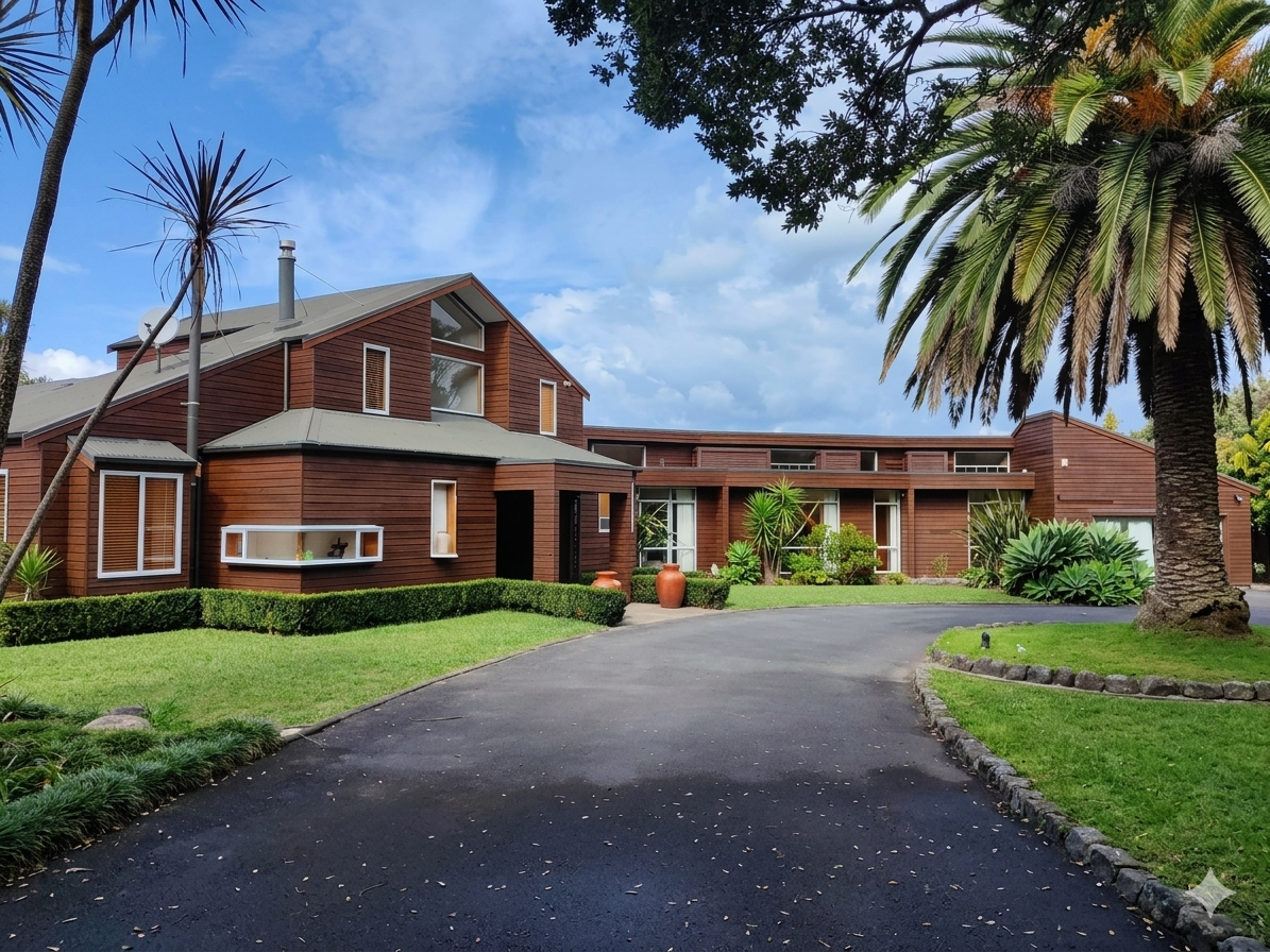 A modern house with a curved driveway, surrounded by green lawns, trees, and plants, under a partly cloudy sky.