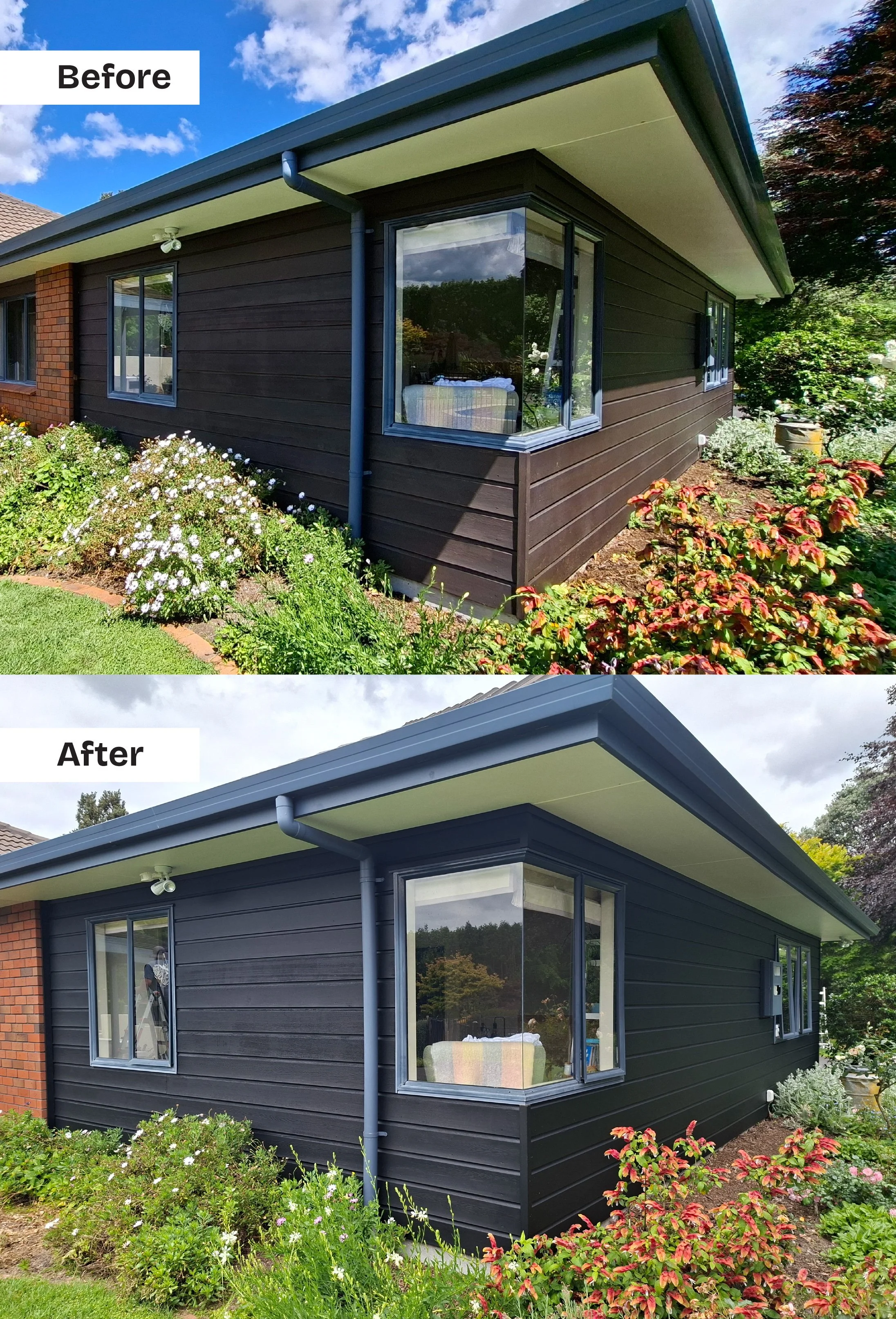 Side-by-side comparison of a house exterior before and after painting. The house has black siding, white window frames, and a grey gutter system. The garden in front features colorful flowering plants and green shrubs.