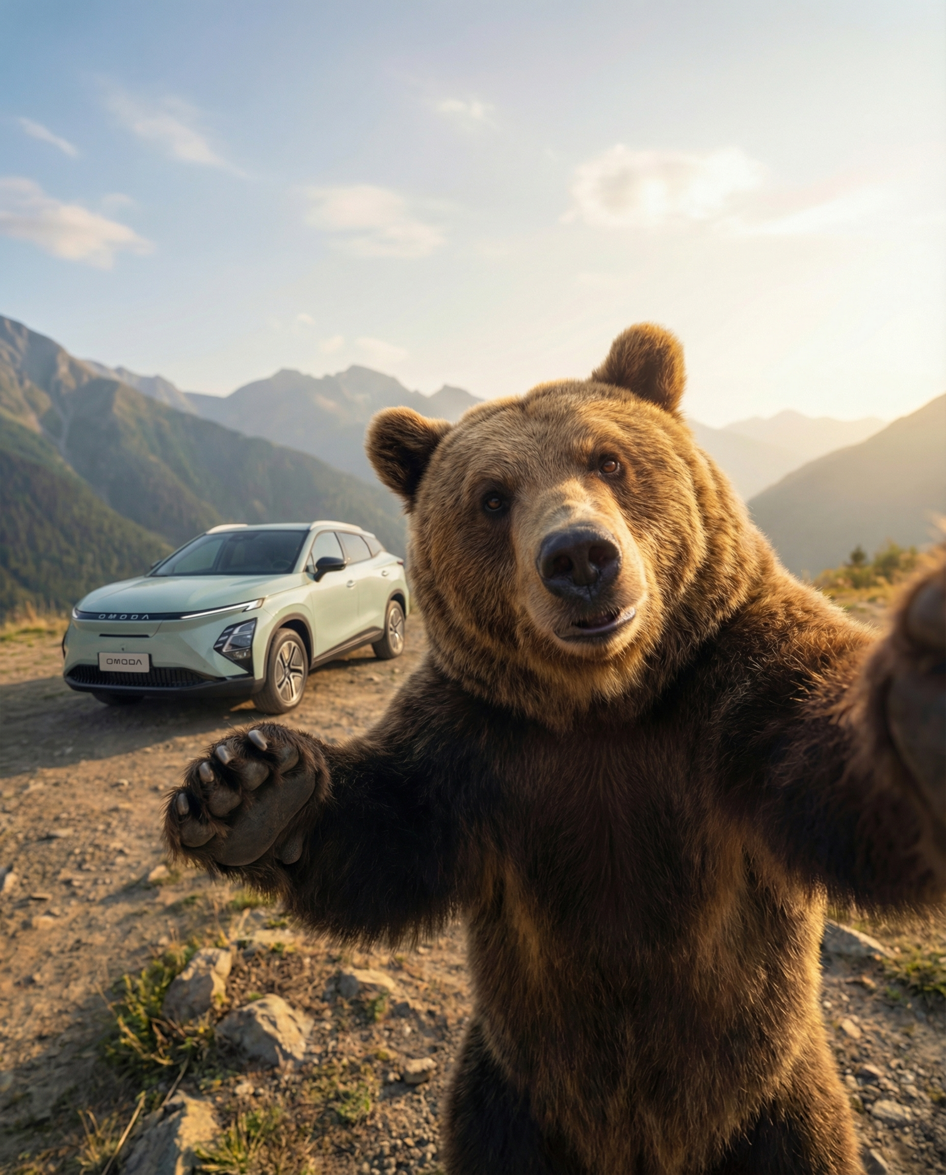 Un oso de pie con una montaña y un coche en segundo plano en un paisaje de campo al atardecer.