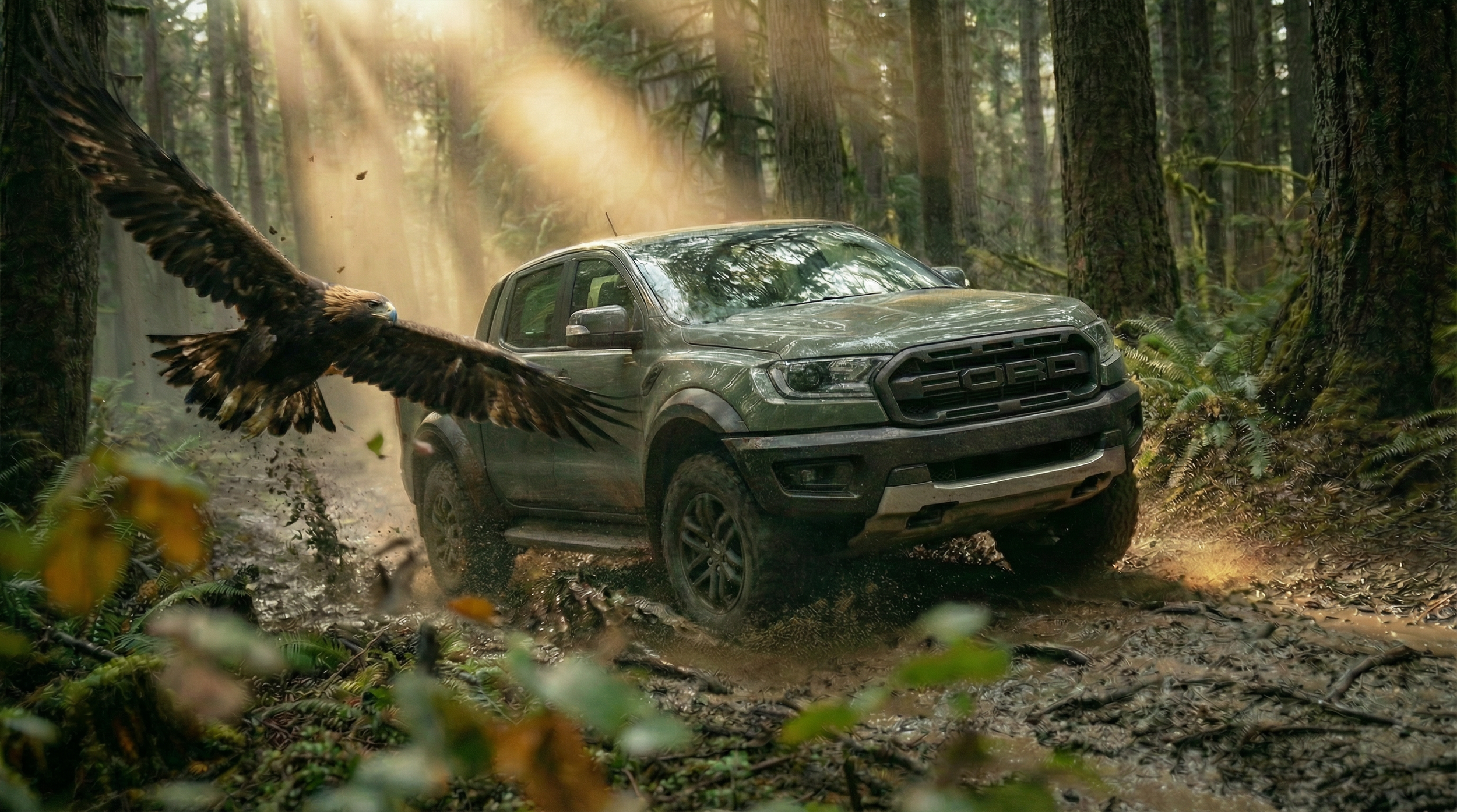 Un vehículo Ford en un bosque con un águila volando cerca.