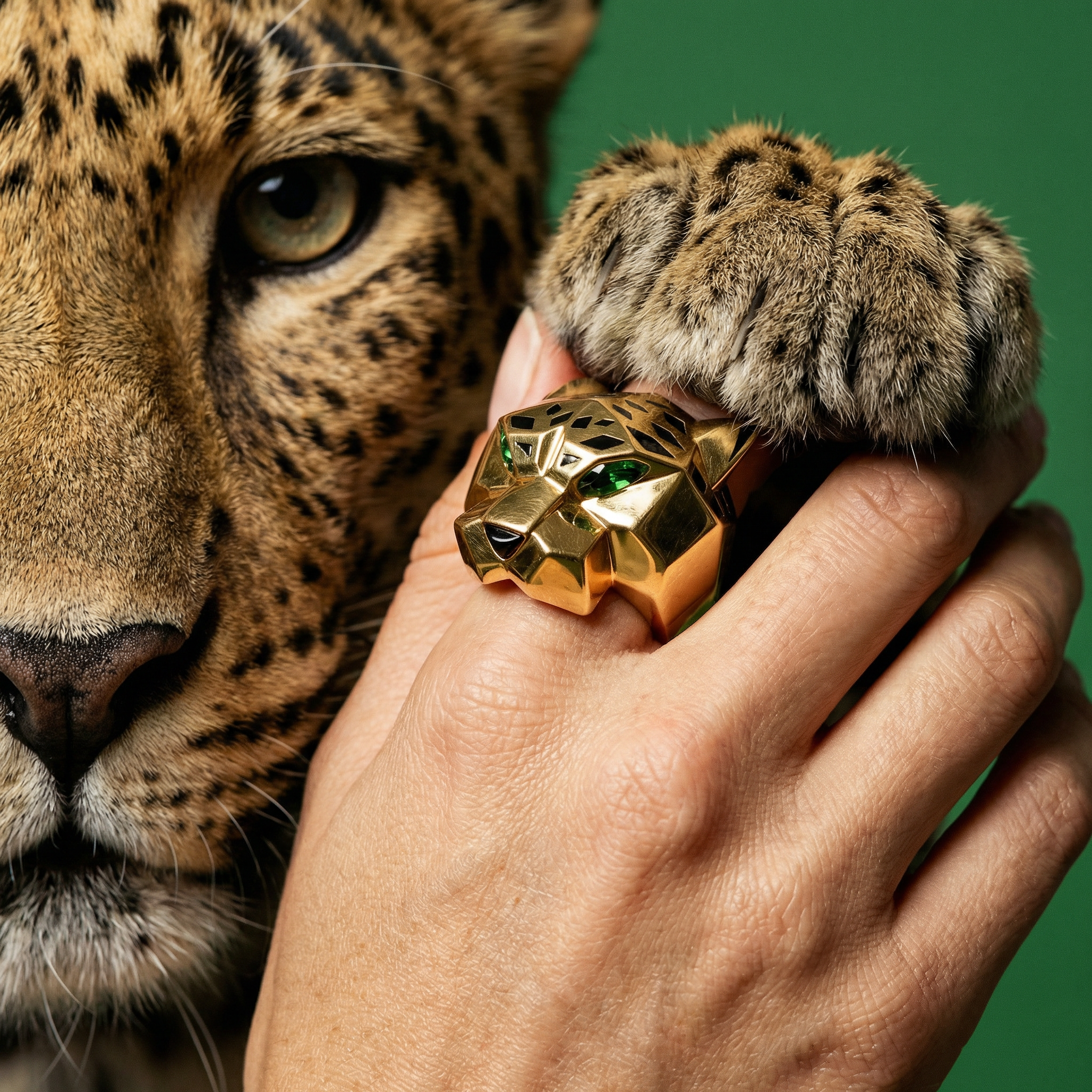 Un pasajero en una mano sostiene la garra de un jaguar, con una especie de anillo dorado que tiene la cabeza de un jaguar y ojos verdes.