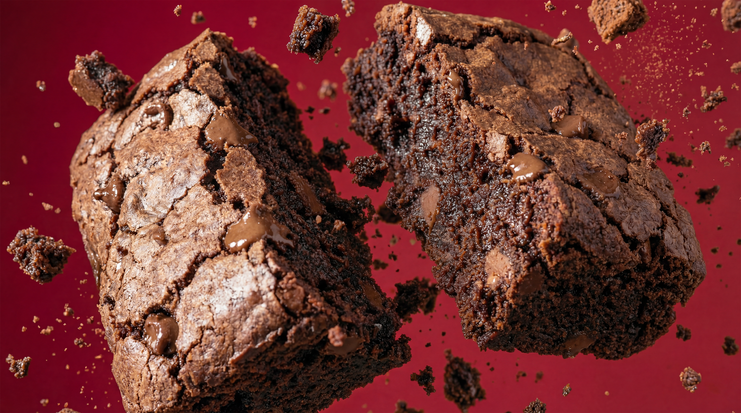 Galletas de chocolate roto en el aire sobre un fondo rojo