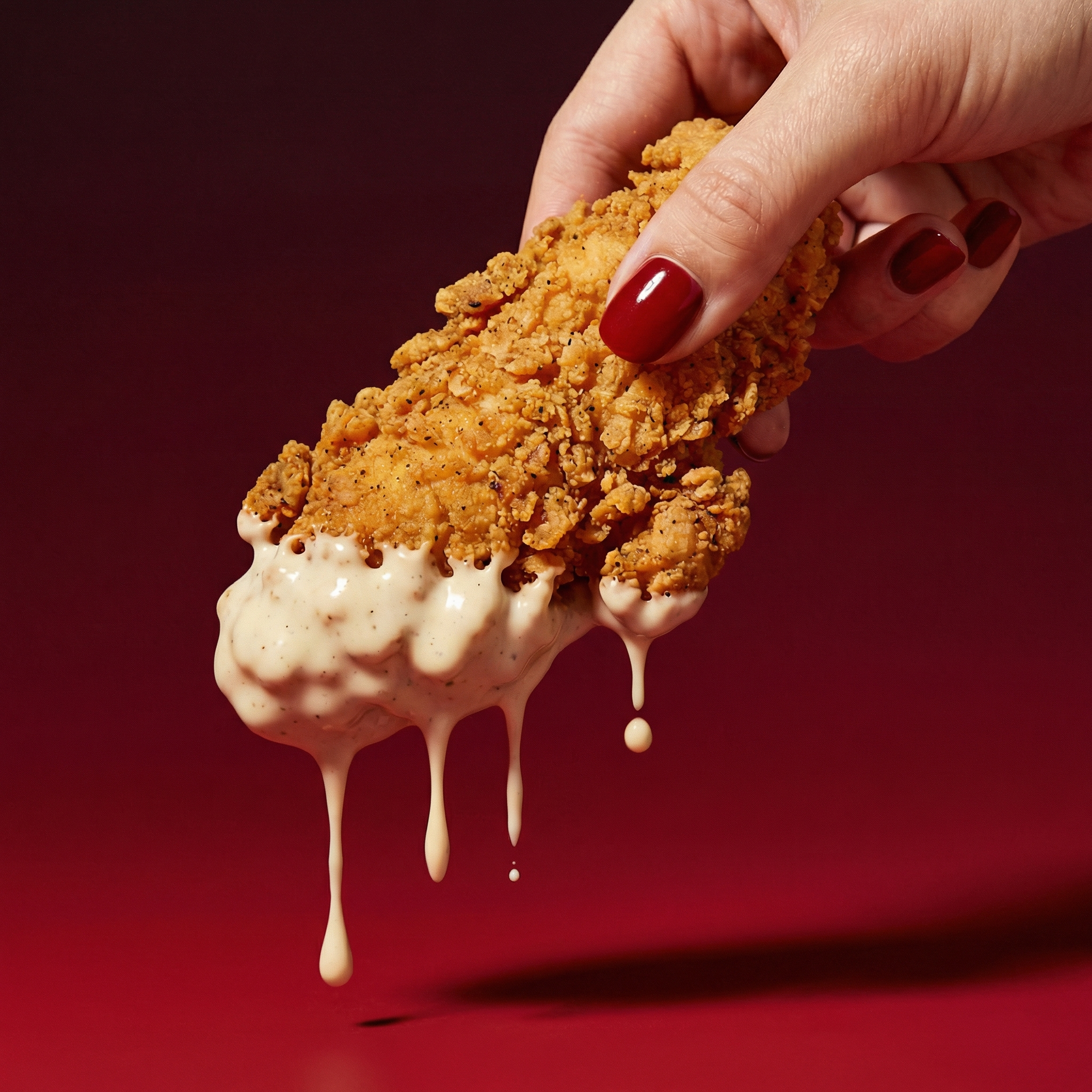 Mano sosteniendo una pieza de pollo frito con salsa blanca que gotea, fondo rojo oscuro.