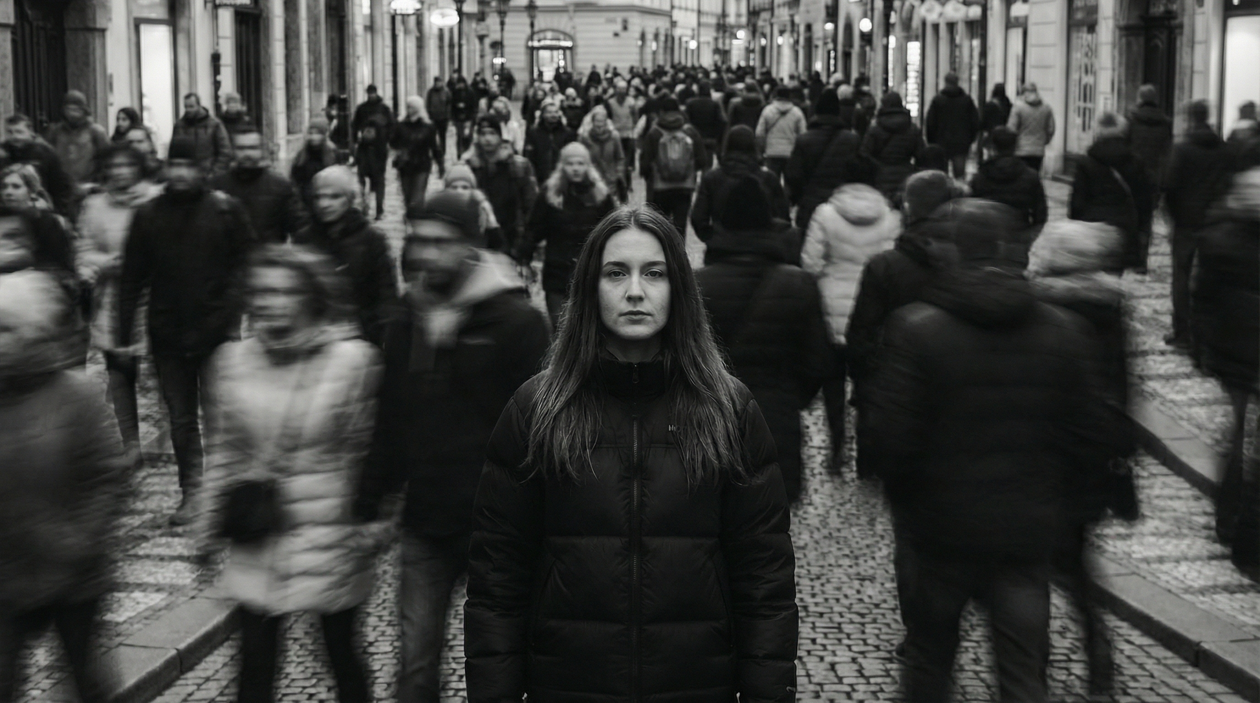 Mujer de cabello largo en ropa oscura en medio de una calle concurrida con muchas personas, en blanco y negro.