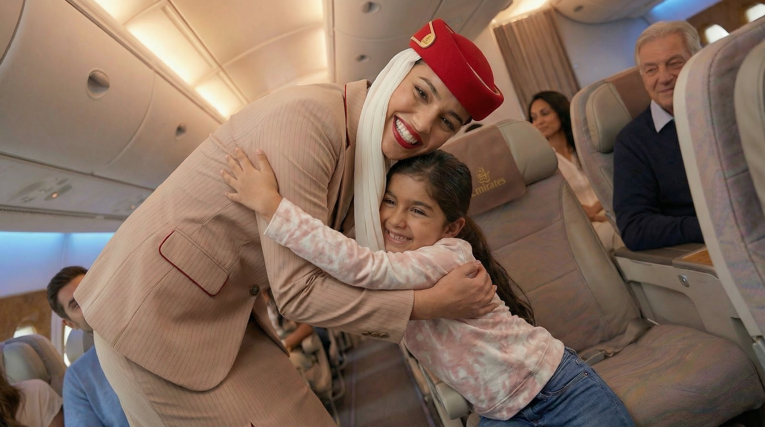 Una aeromoza con uniforme rosado y sombrero rojo abraza a una niña sonriente en un avión, con otros pasajeros en el fondo.