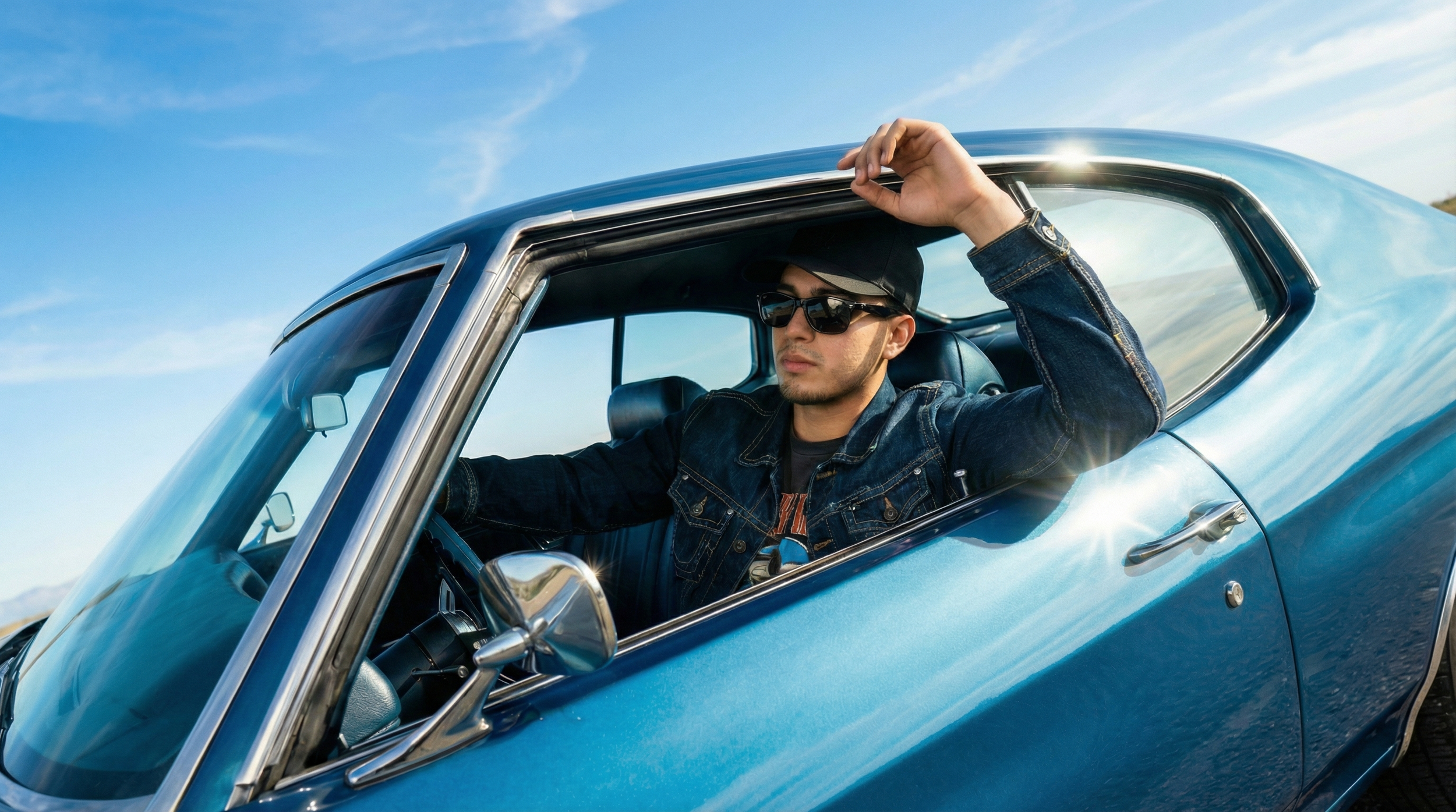 Joven conduciendo un coche clásico azul, usando gafas de sol y gorra, en un día soleado y despejado.