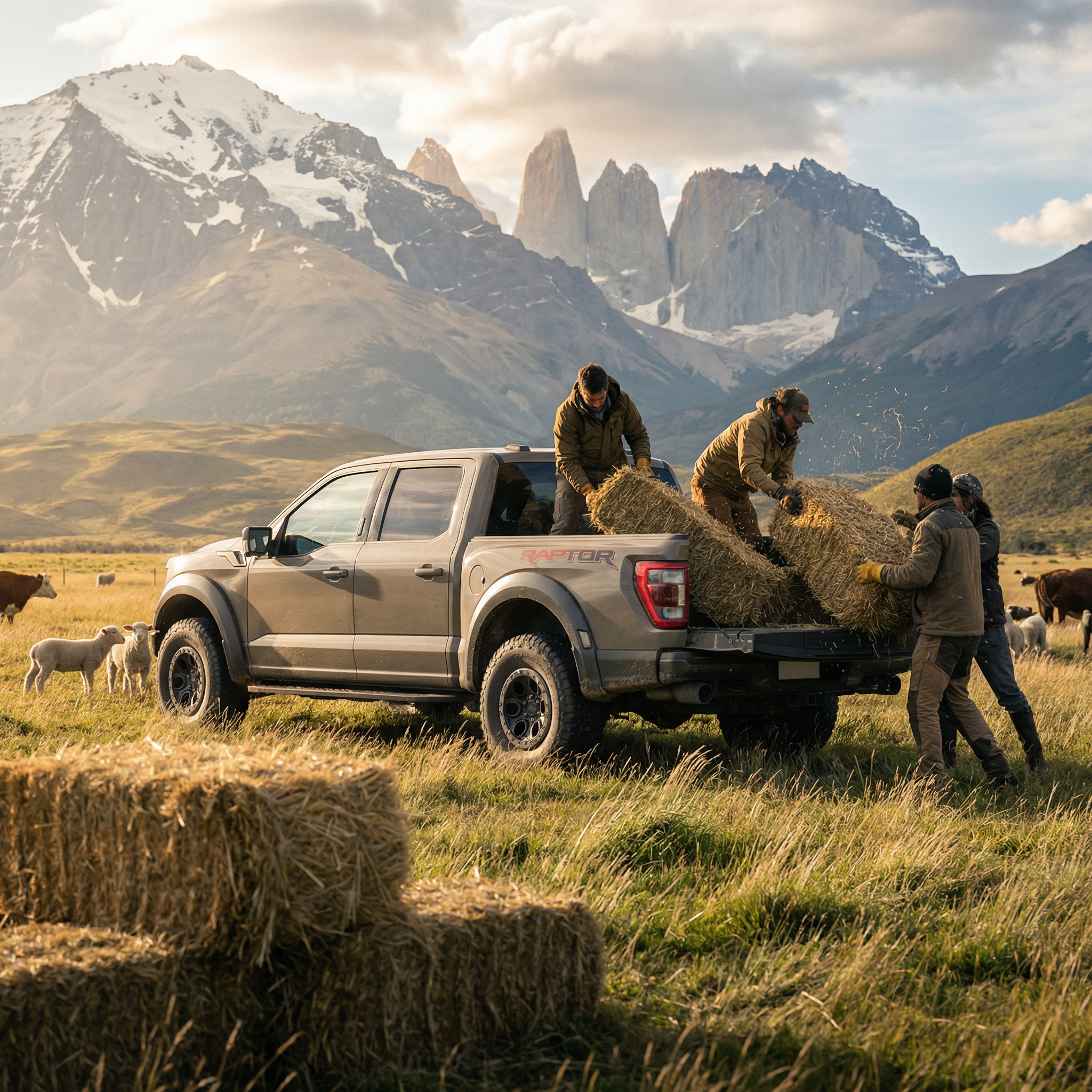 Personas cargando paja en la caja trasera de una camioneta en un campo con vacas y ciervos, con montañas nevadas y cielo nublado al fondo.