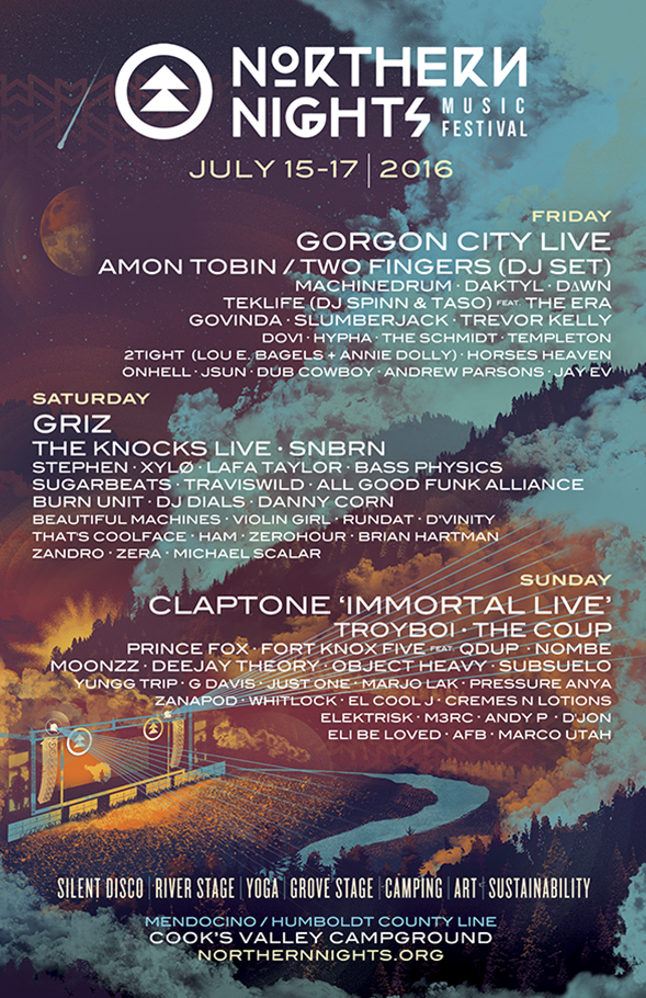 Poster for Northern Nights Music Festival, July 15-17, 2016. Features lineup for Friday, Saturday, and Sunday including bands and DJs like Gorgon City Live, Griz, Claptone Immortal Live, and more. Background shows a night scene with a river, mountain