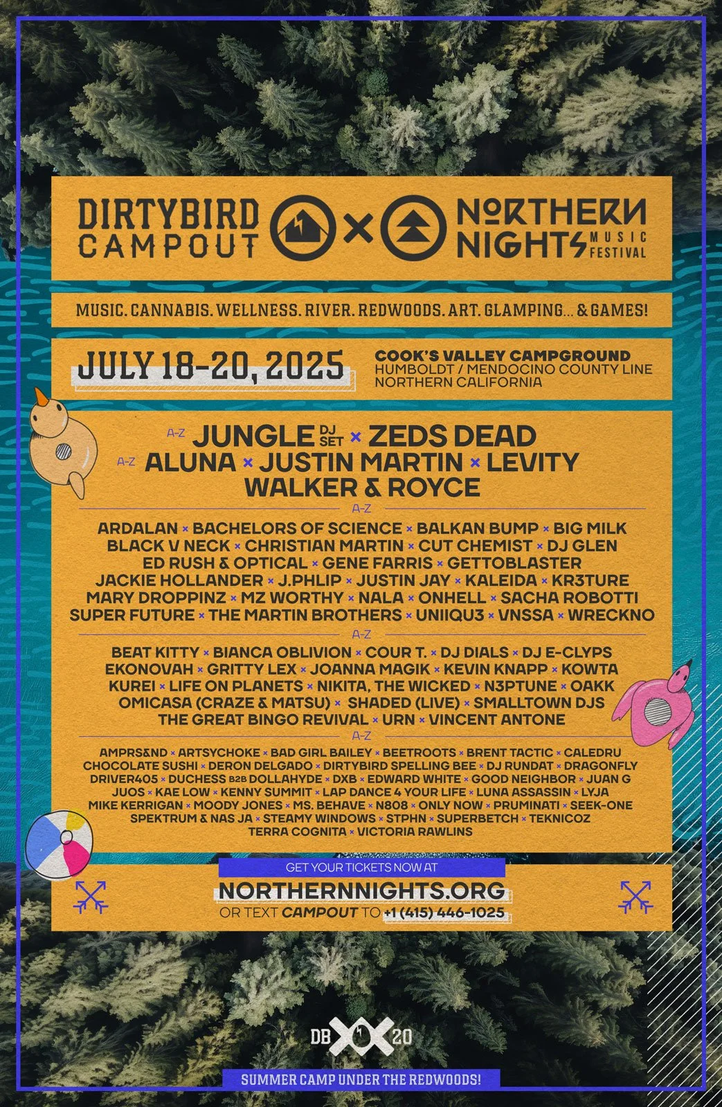 Advertisement poster for the Dirtybird Campout and Northern Nights Music Festival, July 18-20, 2025 at Cook's Valley Campground, Humboldt / Mendocino County, California. Features lineup of musical artists including Jungle DJ Set, Zeds Dead, Aluna, Ju