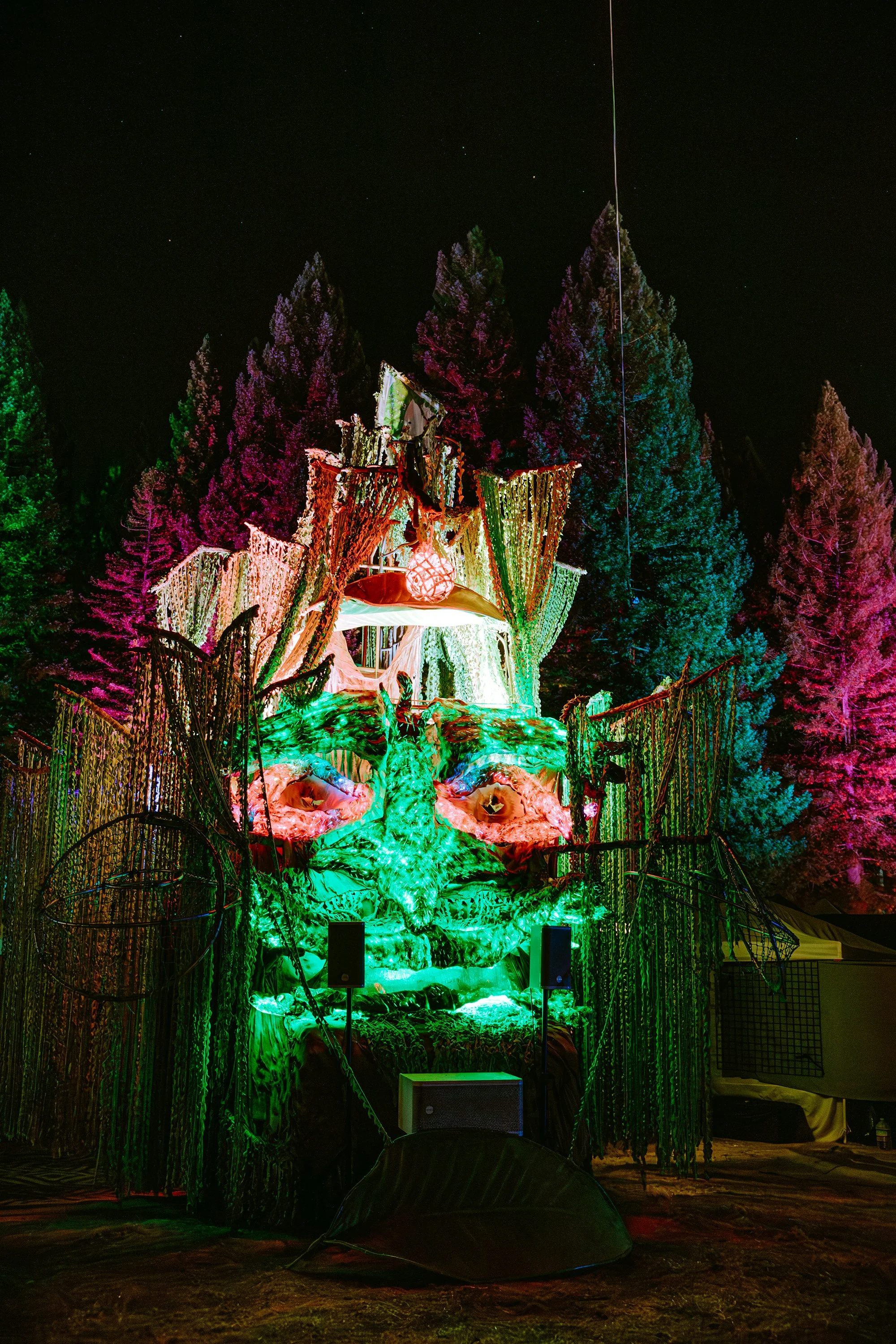 A colorful, illuminated art installation resembling a face with trees in the background at night.