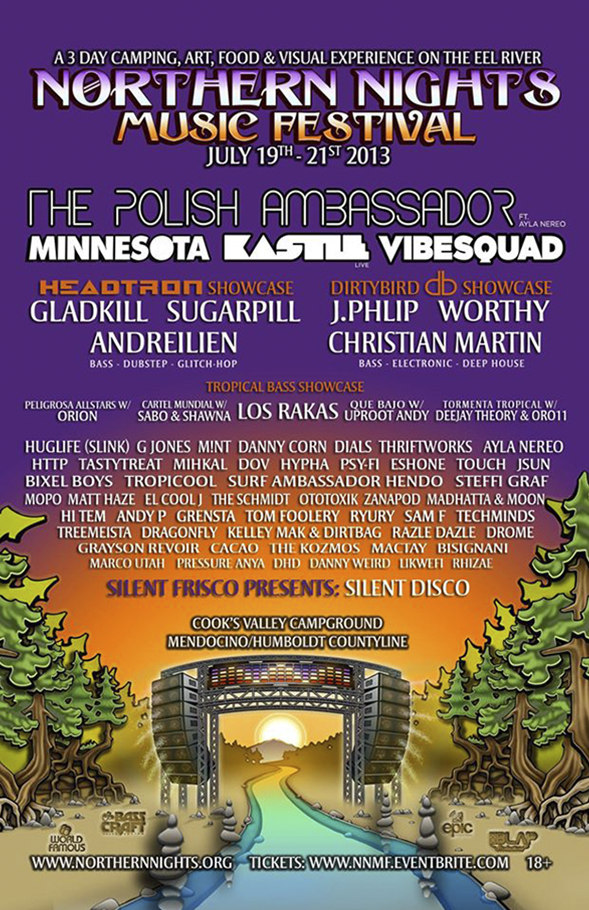 Poster for the Northern Nights Music Festival 2013, featuring a purple background with event details, performance lineup, and artwork of a bridge over a river surrounded by trees.