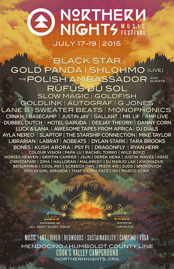 Poster for the Northern Nights Music Festival held July 17-19, 2015, featuring a lineup of musicians and performers, with a sunset over trees and mountains, and branding elements.
