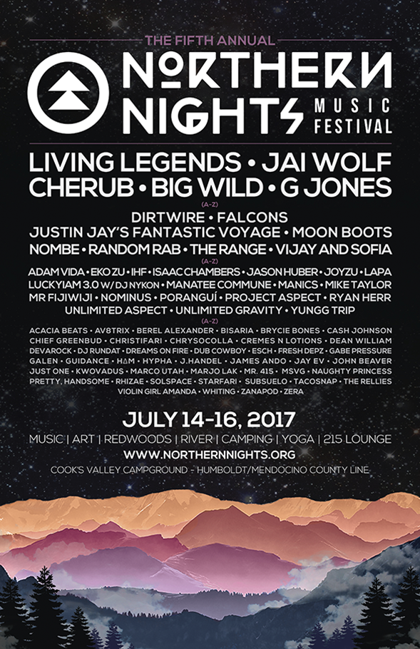 Poster for the fifth annual Northern Nights Music Festival, July 14-16, 2017, featuring lineup of various electronic and live music artists, with a mountain landscape at sunset at the bottom.