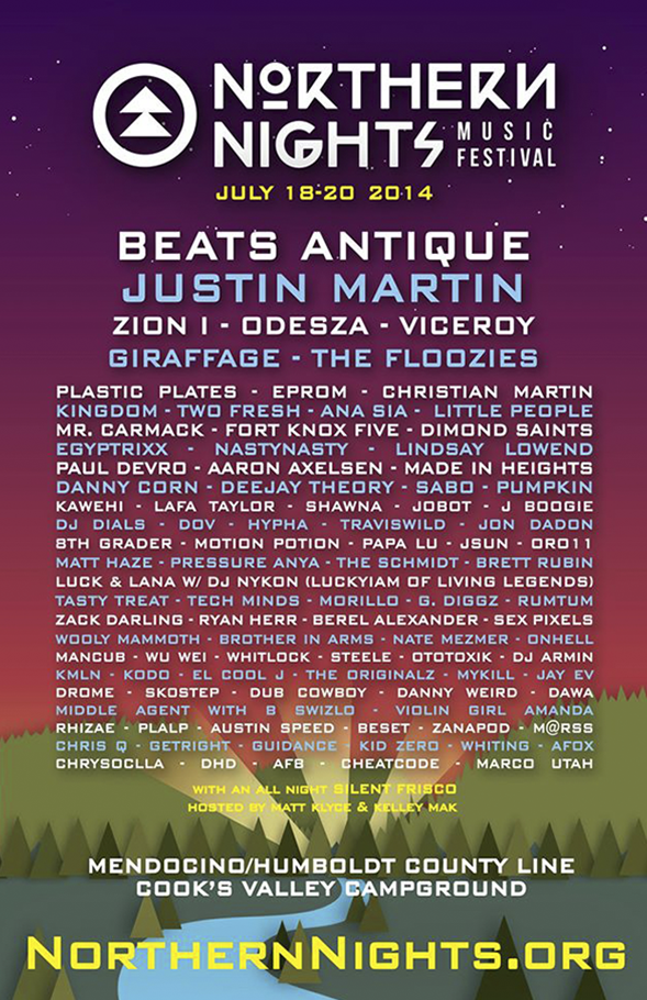 Flyer for Northern Nights Music Festival, July 18-20, 2014, at Mendocino/Humboldt County Line Campground featuring multiple DJs and artists like Justin Martin, Zion I, Odesza, Viceroy, and others, with details about locations and additional event inf