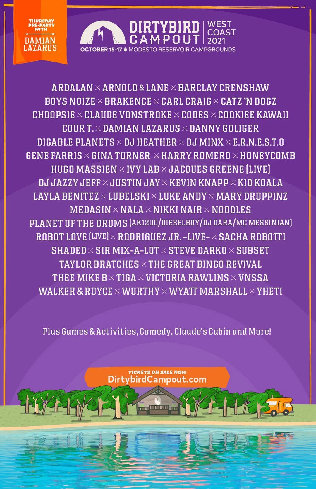 Event poster for Dirtybird Campout West Coast 2021, happening October 15-17 at Modesto Reservoir Campgrounds, featuring lineup of various artists and activities, with a scenic illustration of trees, a building, and a body of water at the bottom.