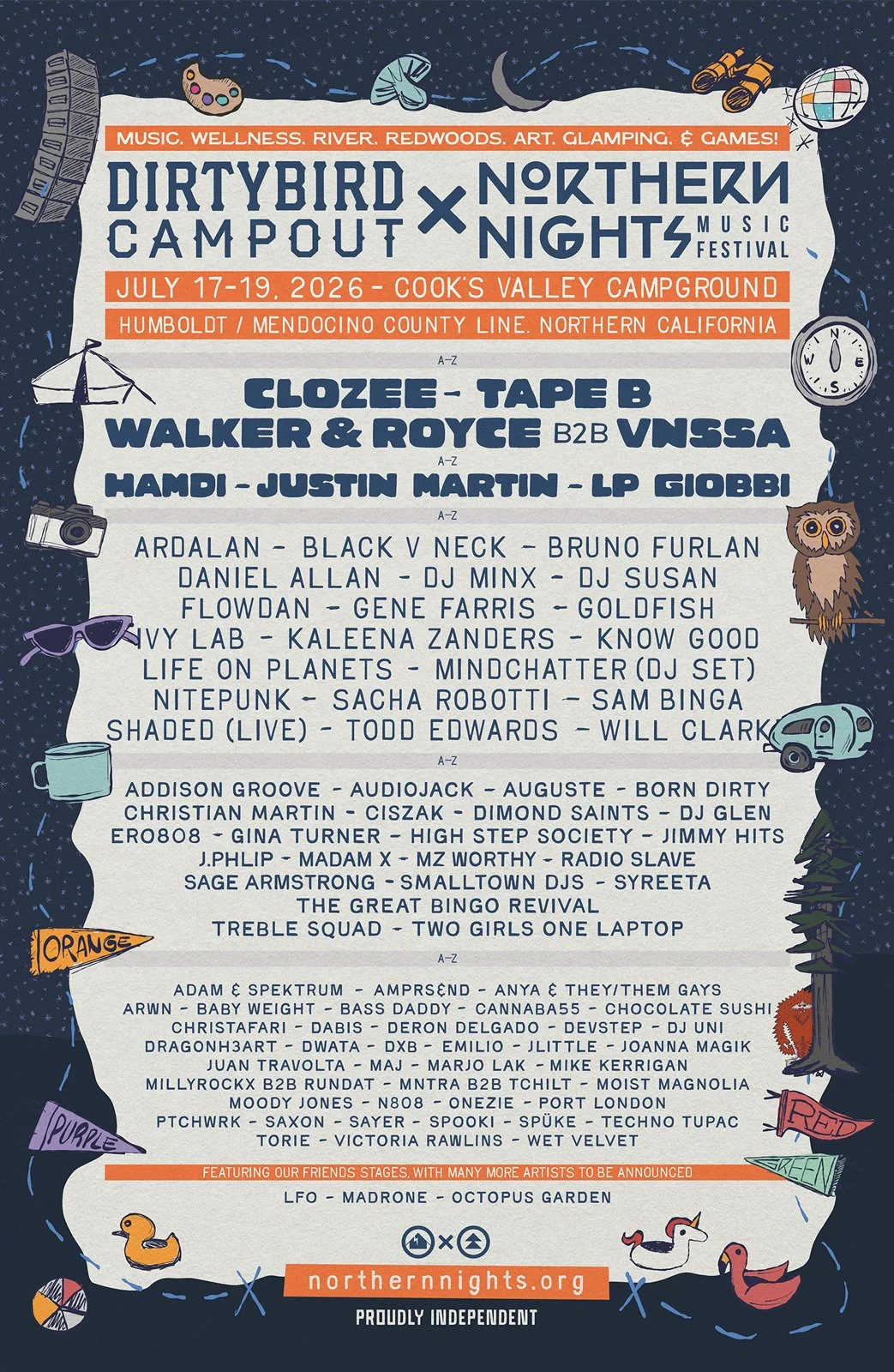 Dirtybird Campout x Northern Nights 2026 lineup poster, July 17–19, Cook's Valley Campground, CA: CloZee, Tape B, Walker & Royce B2B VNSSA, Hamdi, Justin Martin, LP Giobbi, Flowdan, Todd Edwards, Ivy Lab, DJ Minx