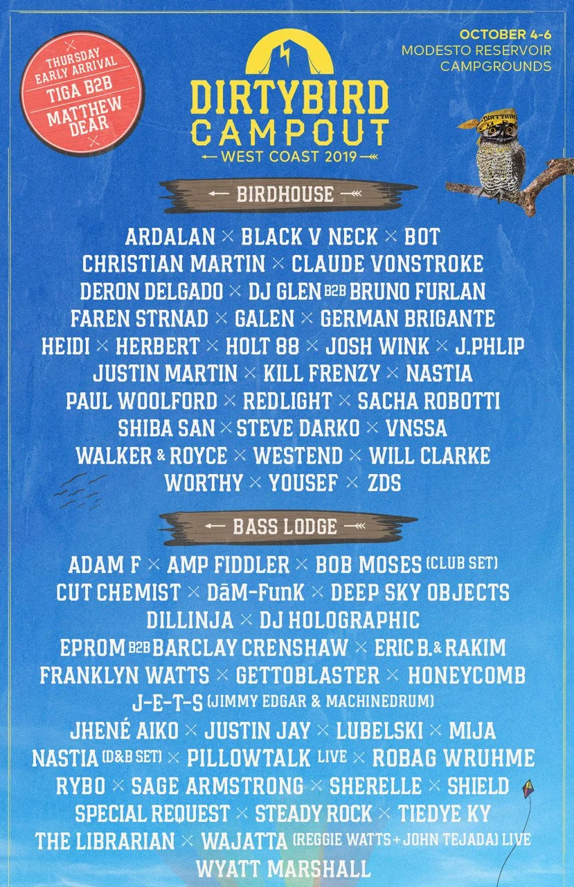 Event poster for Dirtybird Campout West Coast 2019, held October 4-6 at Modesto Reservoir Campgrounds. Features lineup of various artists and bands, with sections labeled 'Birdhouse' and 'Bass Lodge', including artist names and performance details.