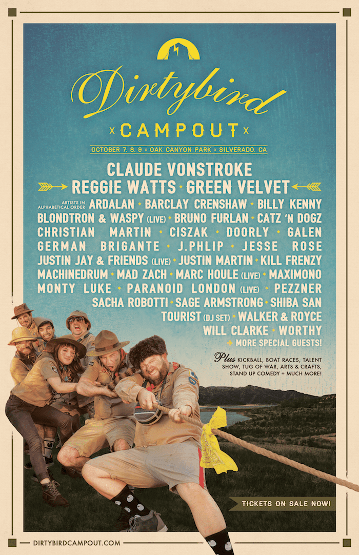 Poster for the Dirtybird Campout music festival featuring a group of people in scout uniforms engaging in a tug-of-war game, with a scenic outdoor background and event details listed.