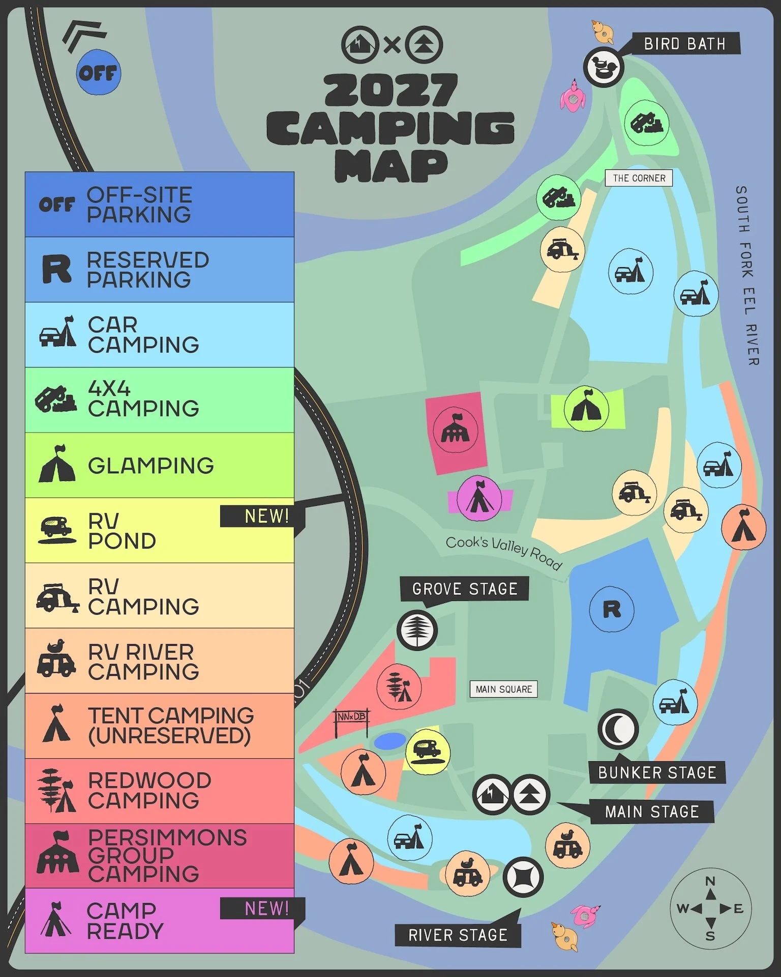 2027 Dirtybird Campout x Northern Nights camping map showing every camping area, parking lot and stage at Cook's Valley along the South Fork Eel River.