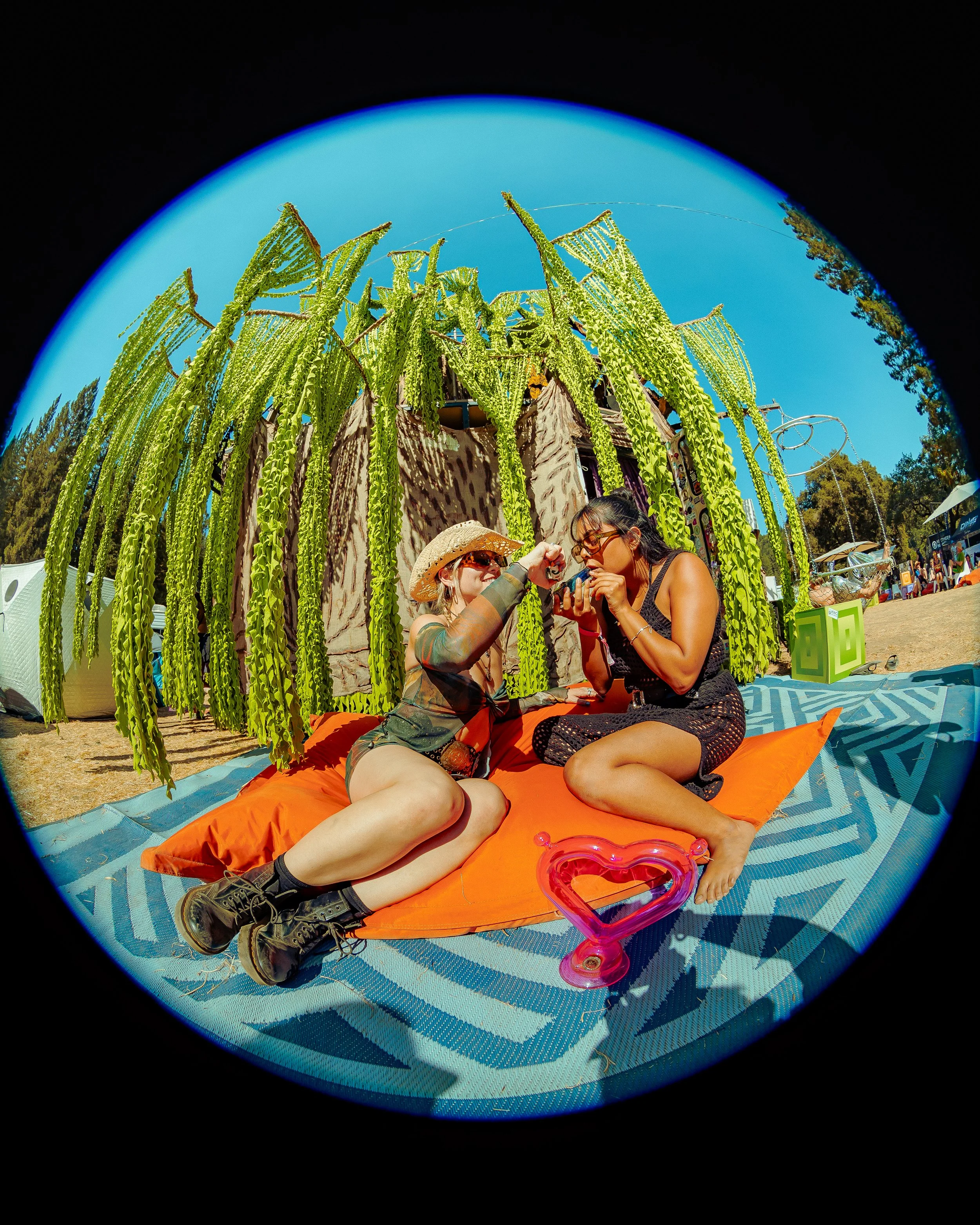 Two women sitting on an orange mat outdoors, engaging in a playful arm tug game, with a green, vine-covered structure in the background, under a clear blue sky.